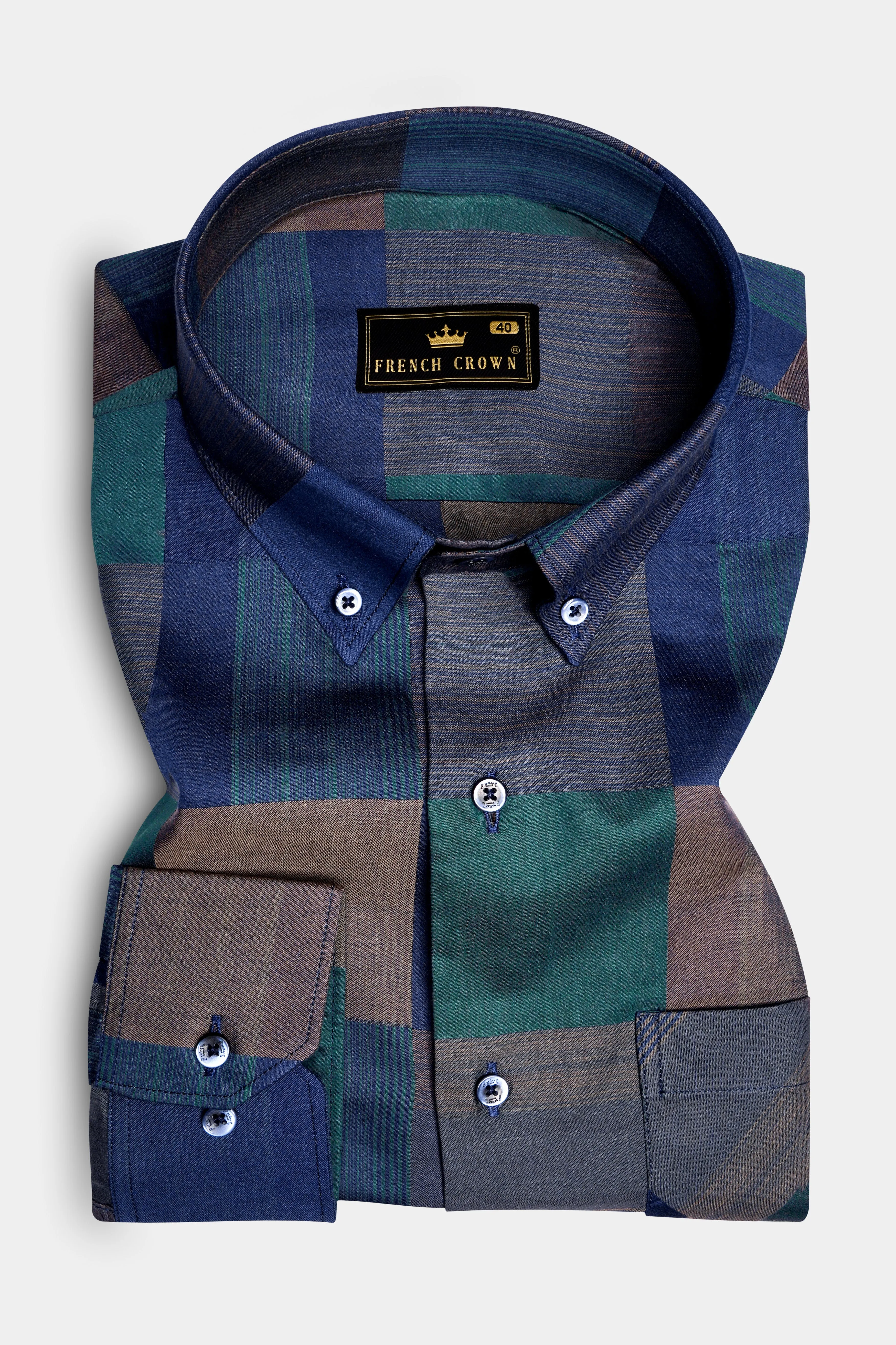 Emerald Sky- Blue And William Green Plaid Jacquard Textured Premium Cotton Dress Shirt sold by French Crown product image thumbnail 3