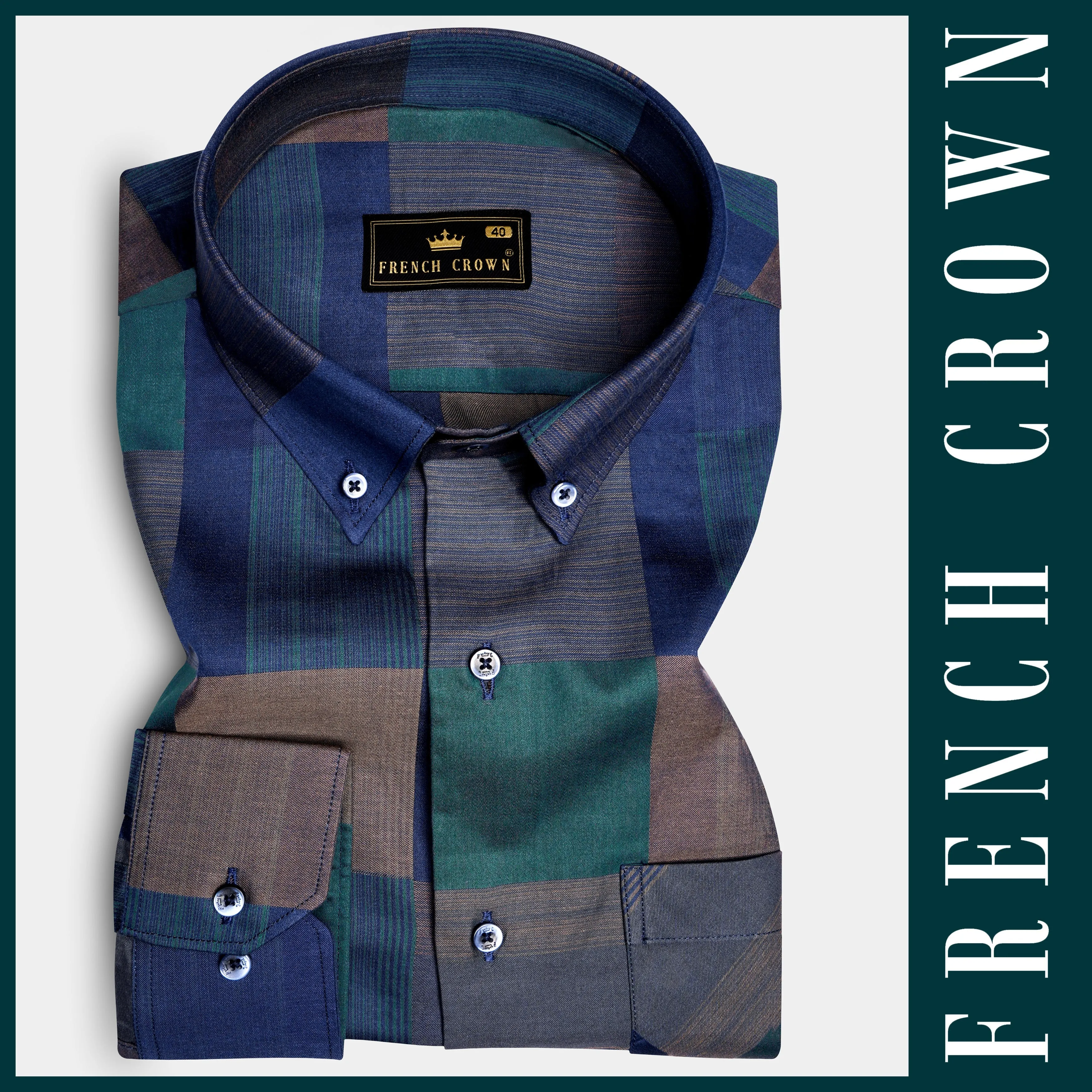 Emerald Sky- Blue And William Green Plaid Jacquard Textured Premium Cotton Dress Shirt sold by French Crown product image thumbnail 5