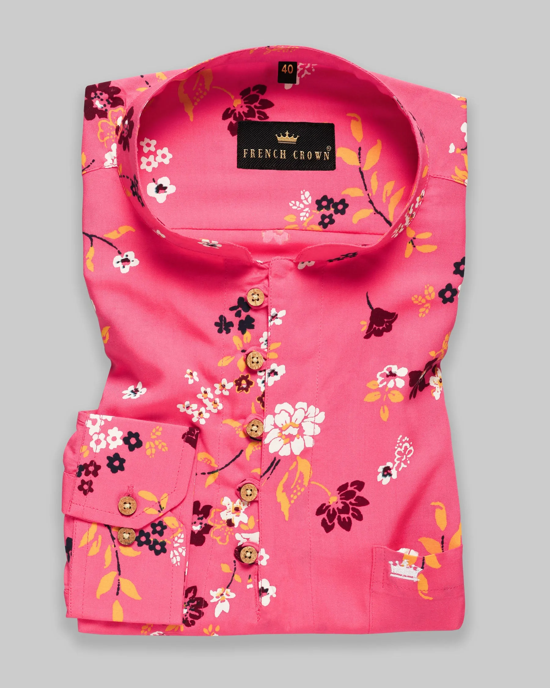 Hot Pink Flowers Printed Kurta Style Premium Cotton Shirt sold by French Crown product image thumbnail 2