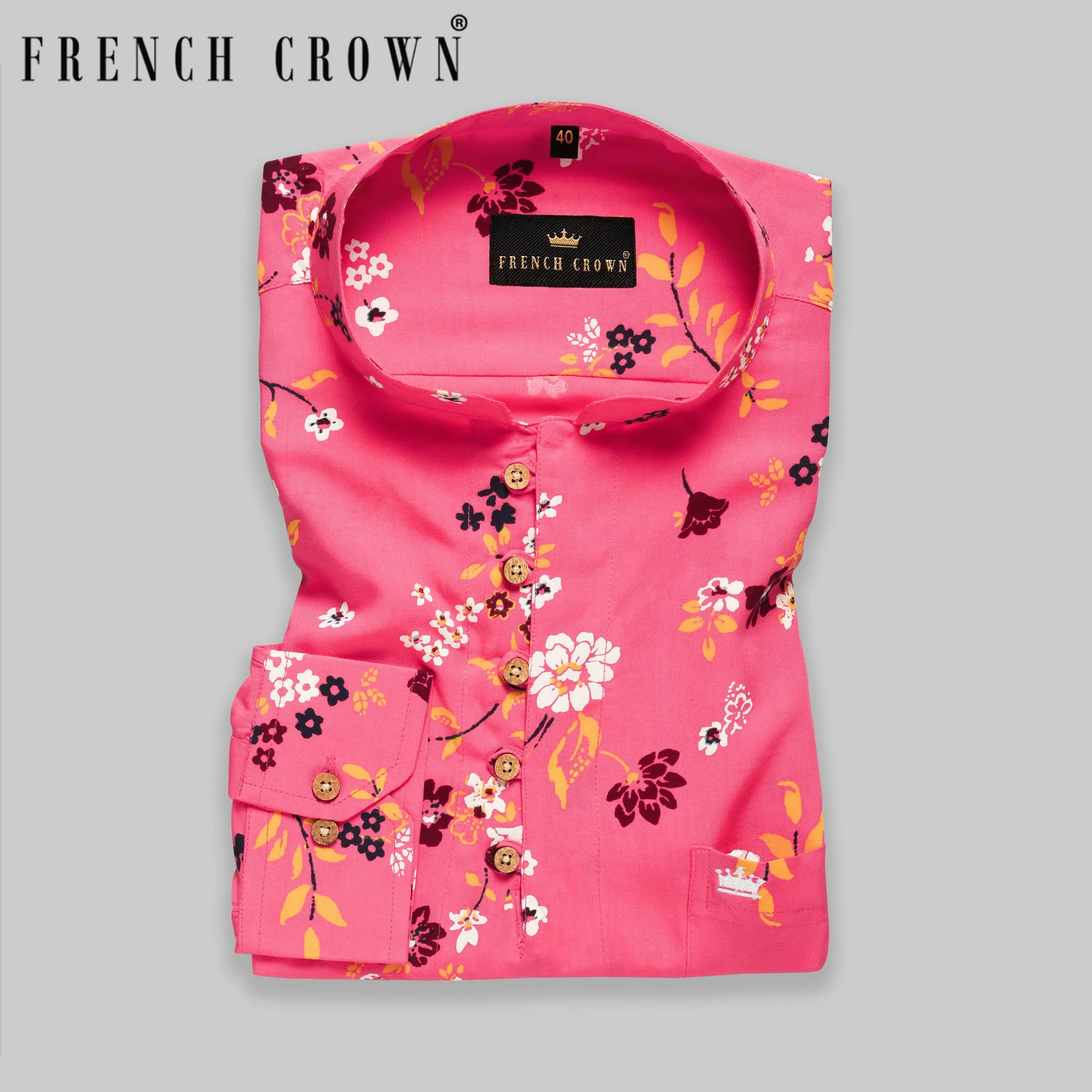 Hot Pink Flowers Printed Kurta Style Premium Cotton Shirt sold by French Crown