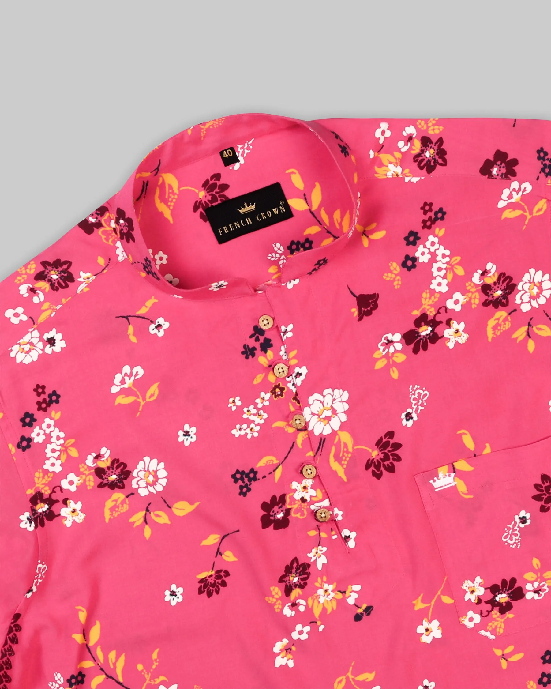 Hot Pink Flowers Printed Kurta Style Premium Cotton Shirt sold by French Crown product image thumbnail 5