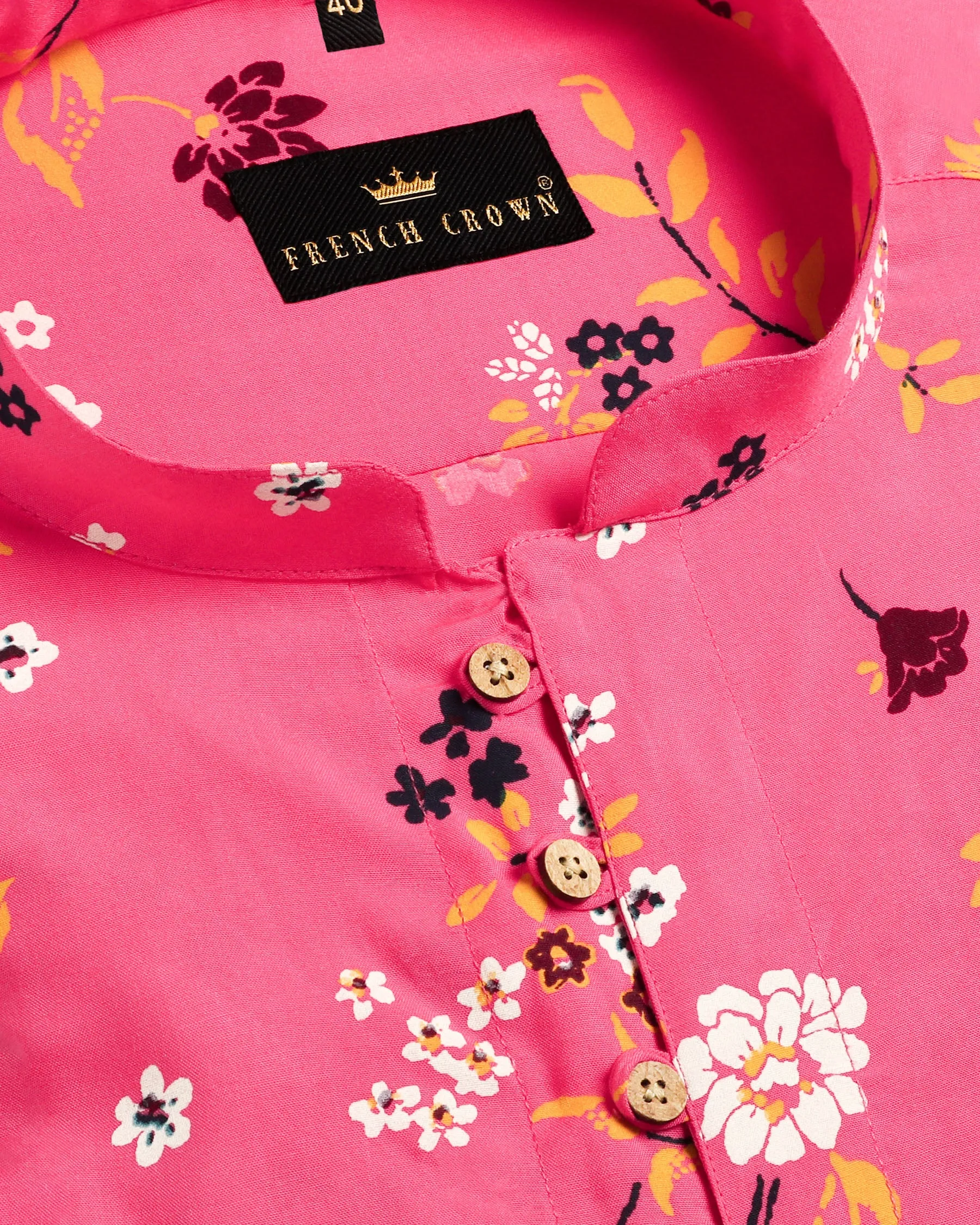 Hot Pink Flowers Printed Kurta Style Premium Cotton Shirt sold by French Crown product image thumbnail 4