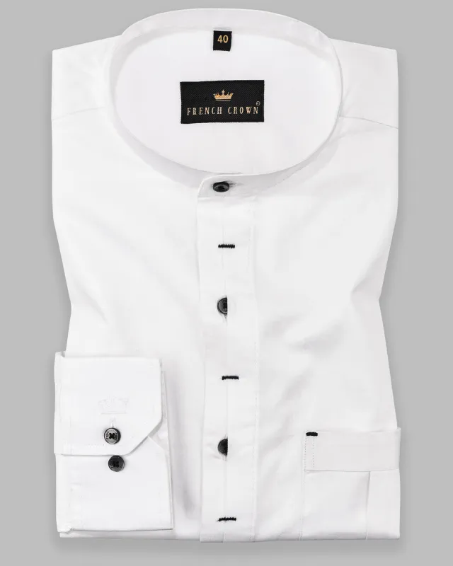 Bright White Subtle Sheen Mandarin Collar Designer Shirt sold by French Crown