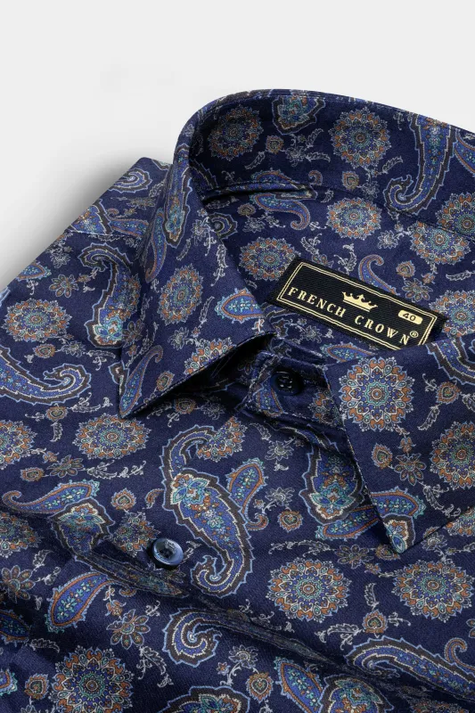 Ebony Blue Paisley Printed Super Soft Premium Cotton Shirt sold by French Crown