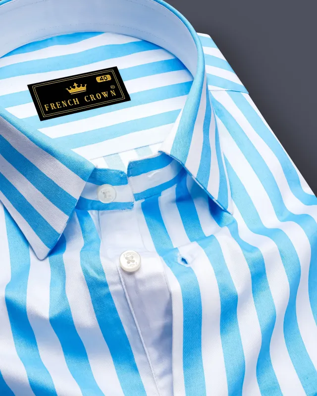 Aurecel-Celestial Blue And Bright White Awning Striped Super Soft Premium Cotton Dress Shirt sold by French Crown