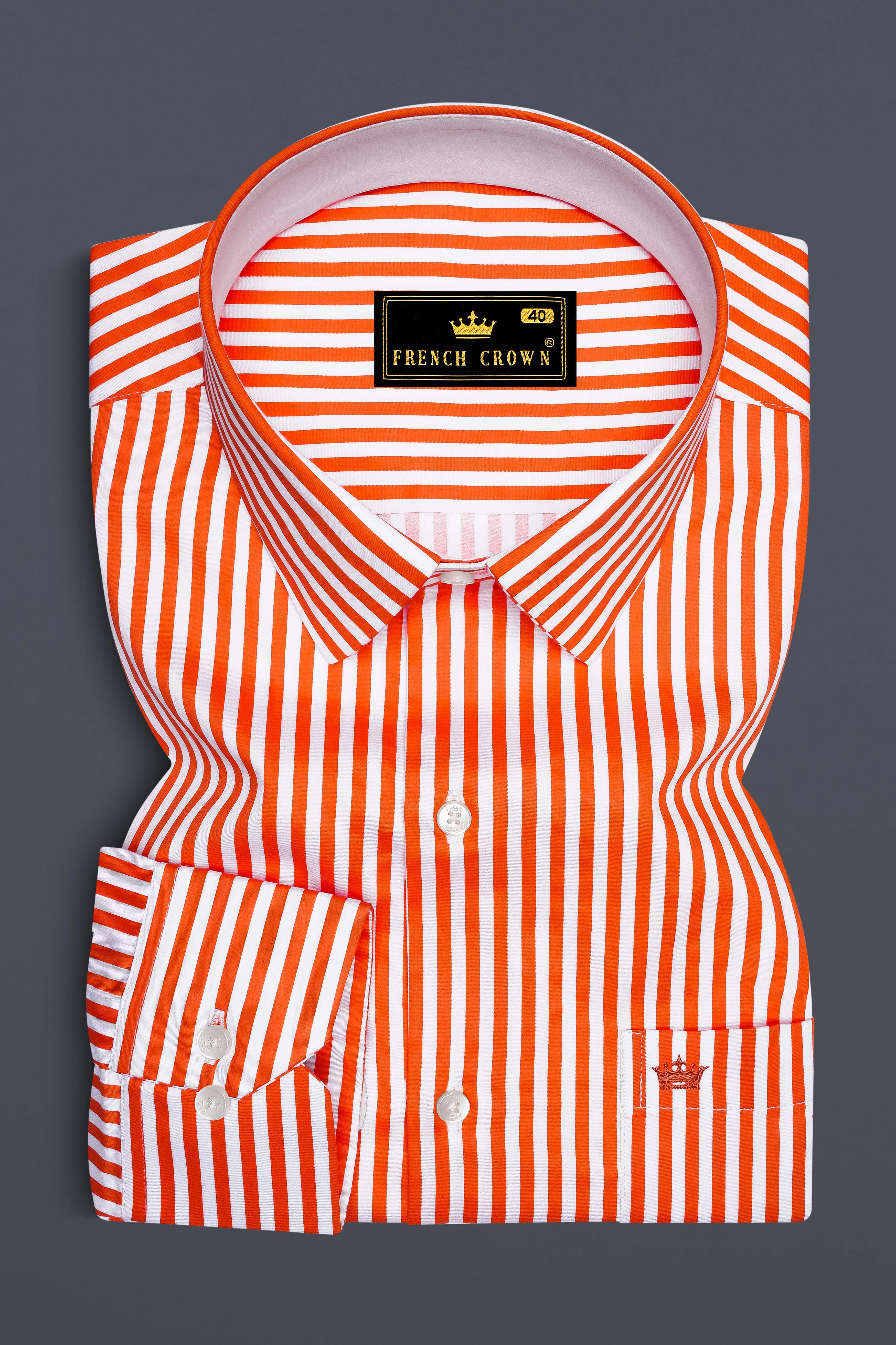 Arancio-Bittersweet Orange And Bright White Candy Striped Super Soft Premium Cotton Dress Shirt sold by French Crown product image thumbnail 4