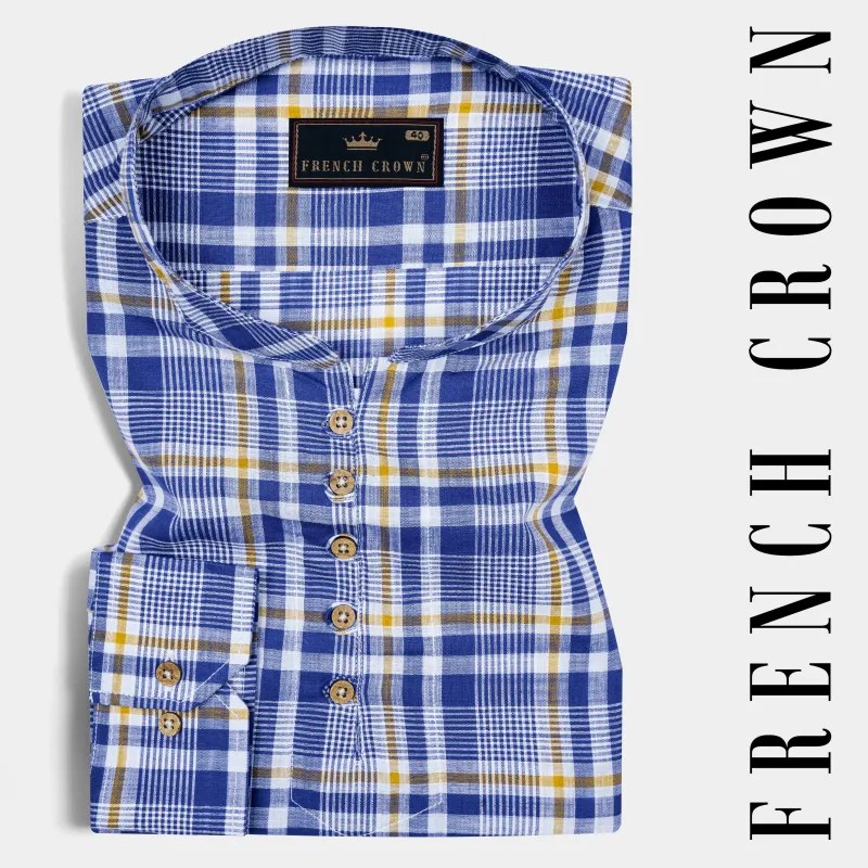 Astronaut Blue Multicolour Plaid Chambray Premium Cotton Kurta Shirt sold by French Crown