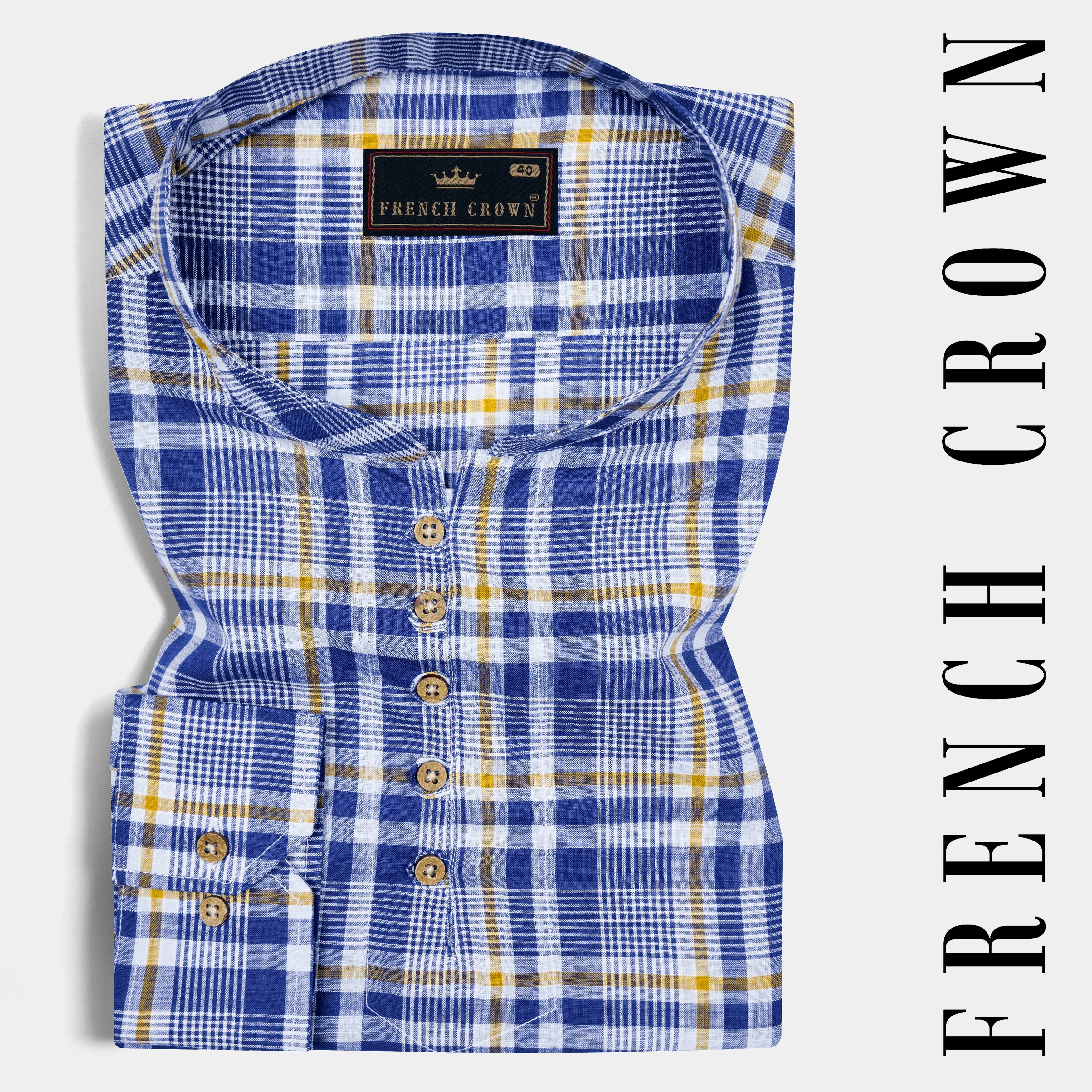 Astronaut Blue Multicolour Plaid Chambray Premium Cotton Kurta Shirt sold by French Crown