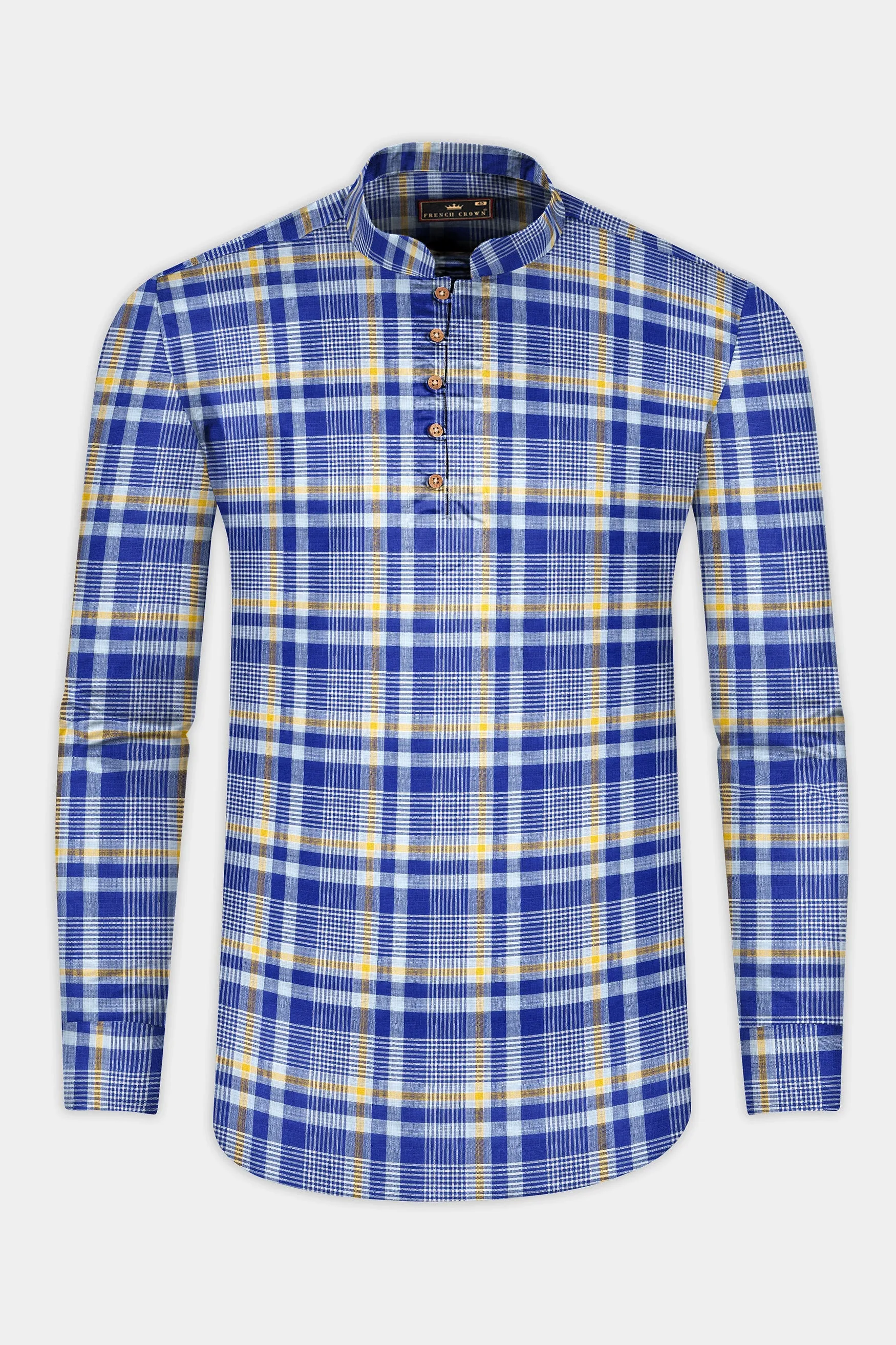 Astronaut Blue Multicolour Plaid Chambray Premium Cotton Kurta Shirt sold by French Crown product image thumbnail 5