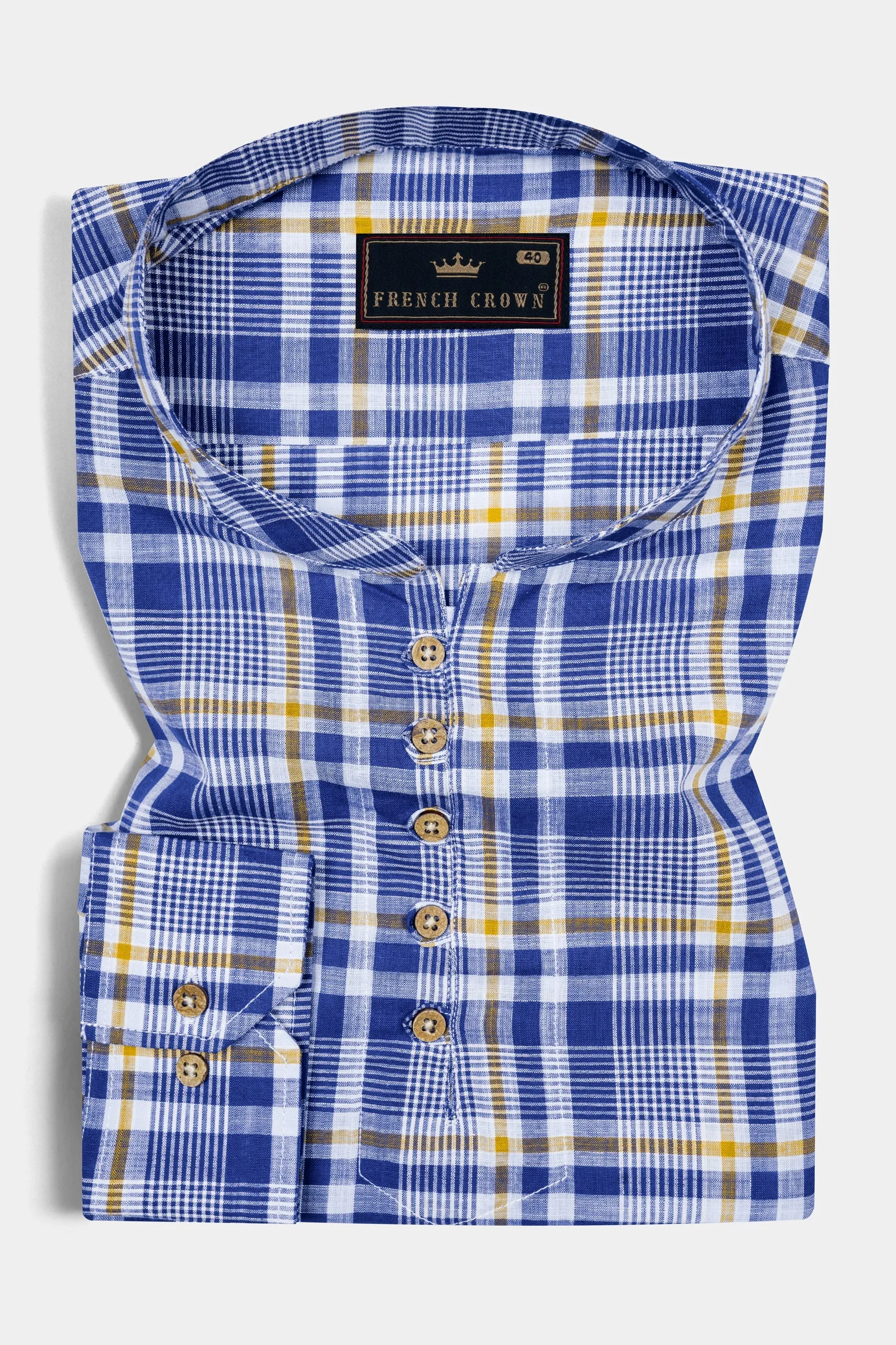 Astronaut Blue Multicolour Plaid Chambray Premium Cotton Kurta Shirt sold by French Crown product image thumbnail 2