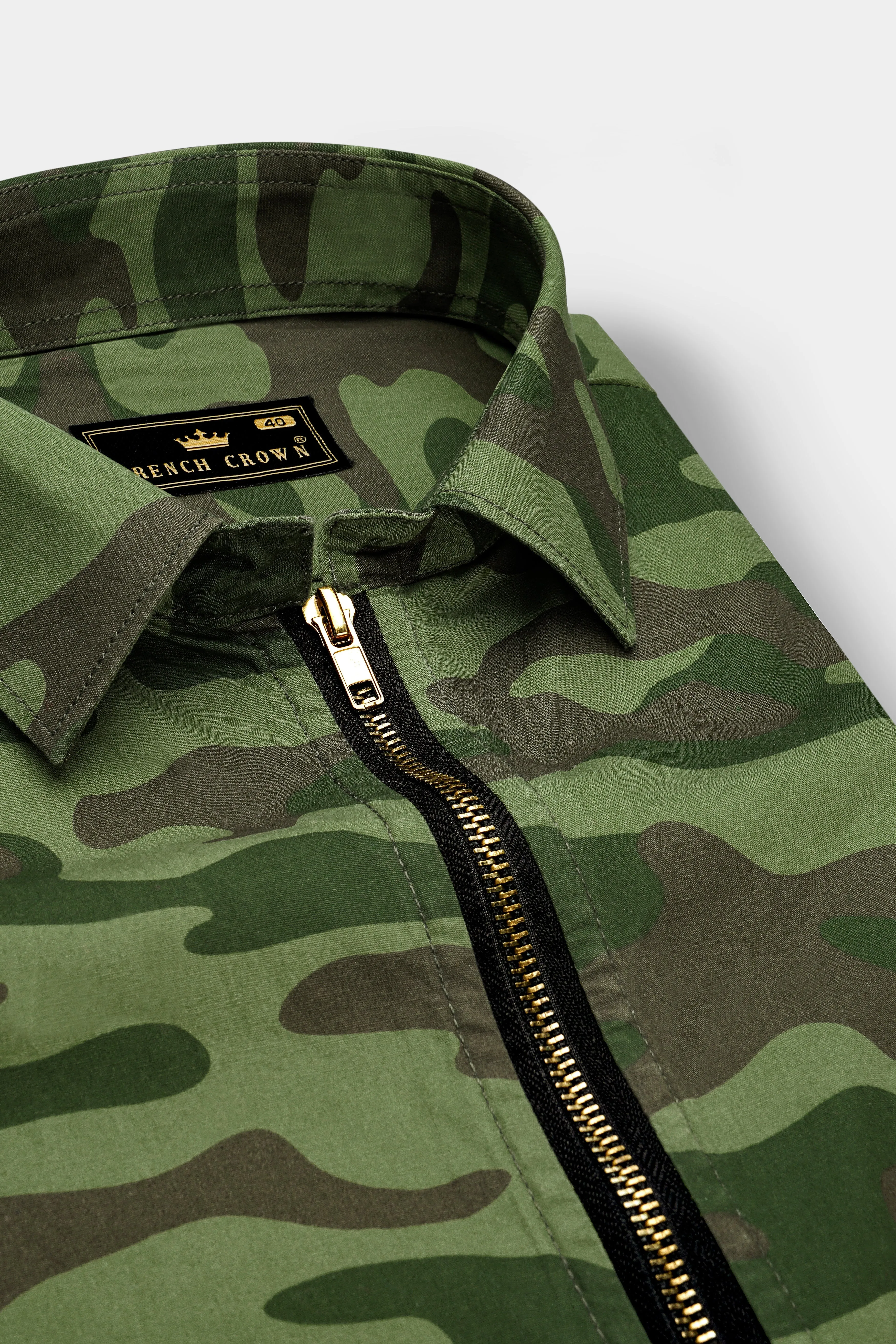 Mallard Green with Fuscous Brown Camouflage Printed Royal Oxford Designer zipper Jacket sold by French Crown product image thumbnail 4