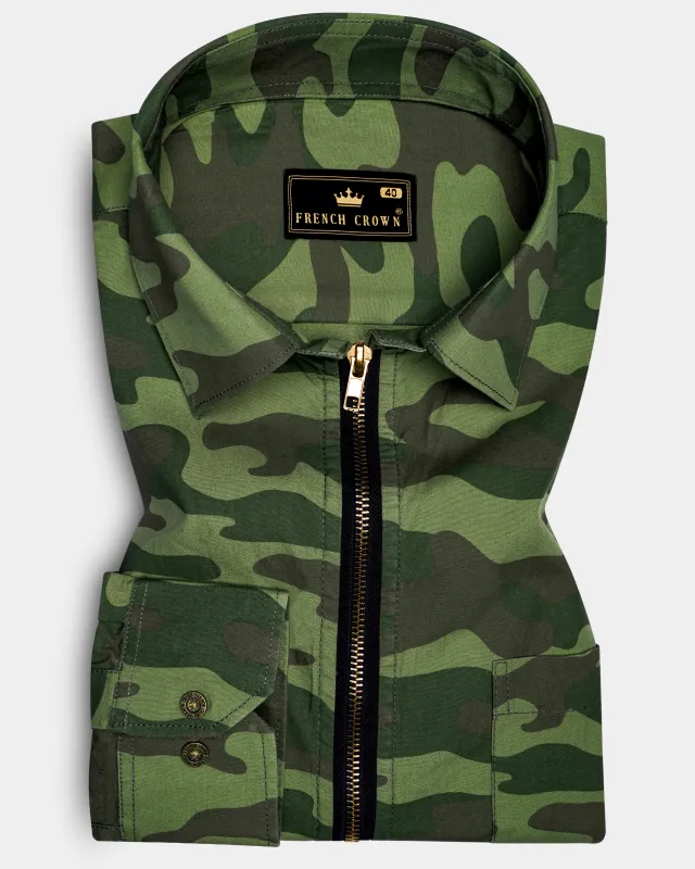 Mallard Green with Fuscous Brown Camouflage Printed Royal Oxford Designer zipper Jacket sold by French Crown