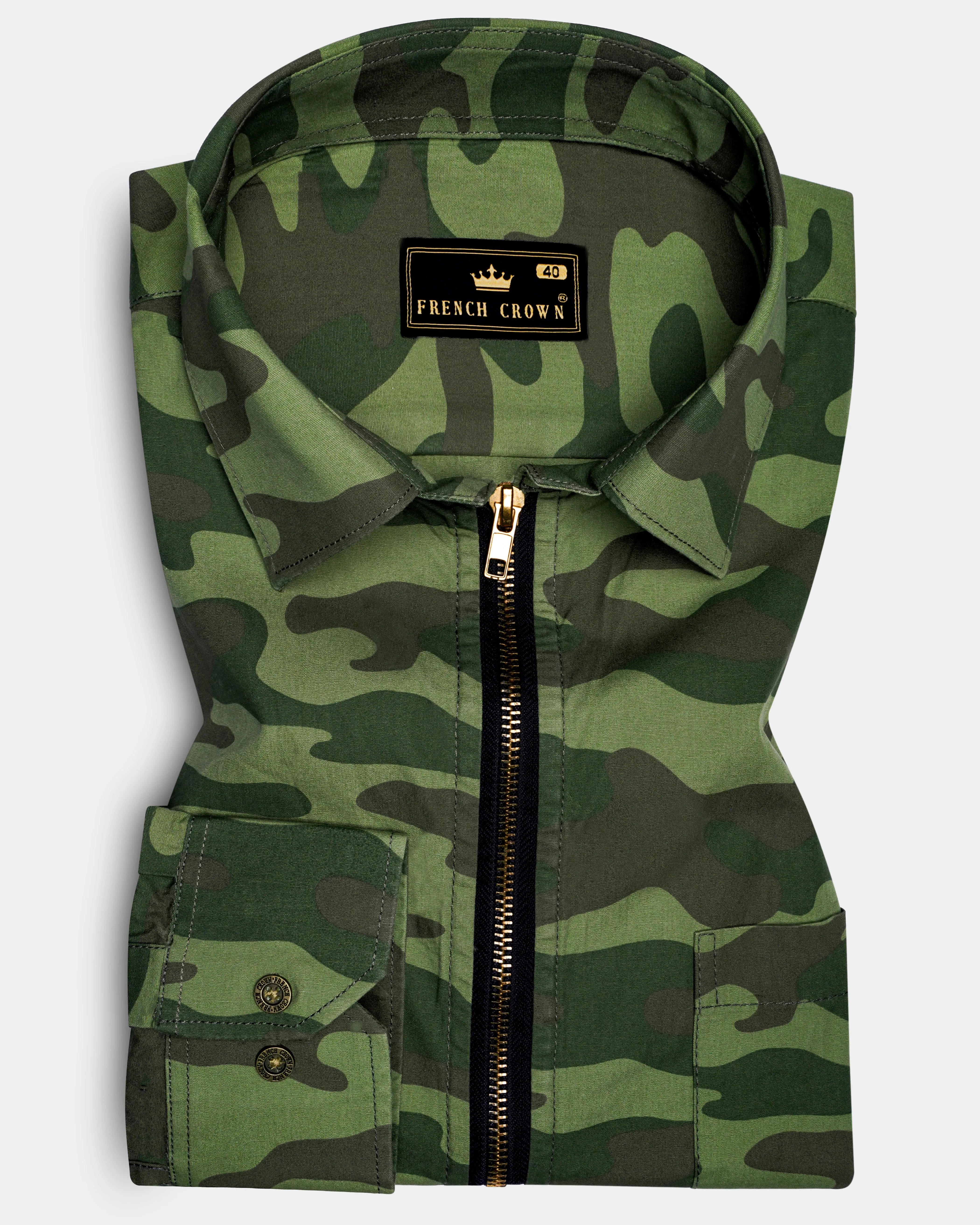 Mallard Green with Fuscous Brown Camouflage Printed Royal Oxford Designer zipper Jacket sold by French Crown