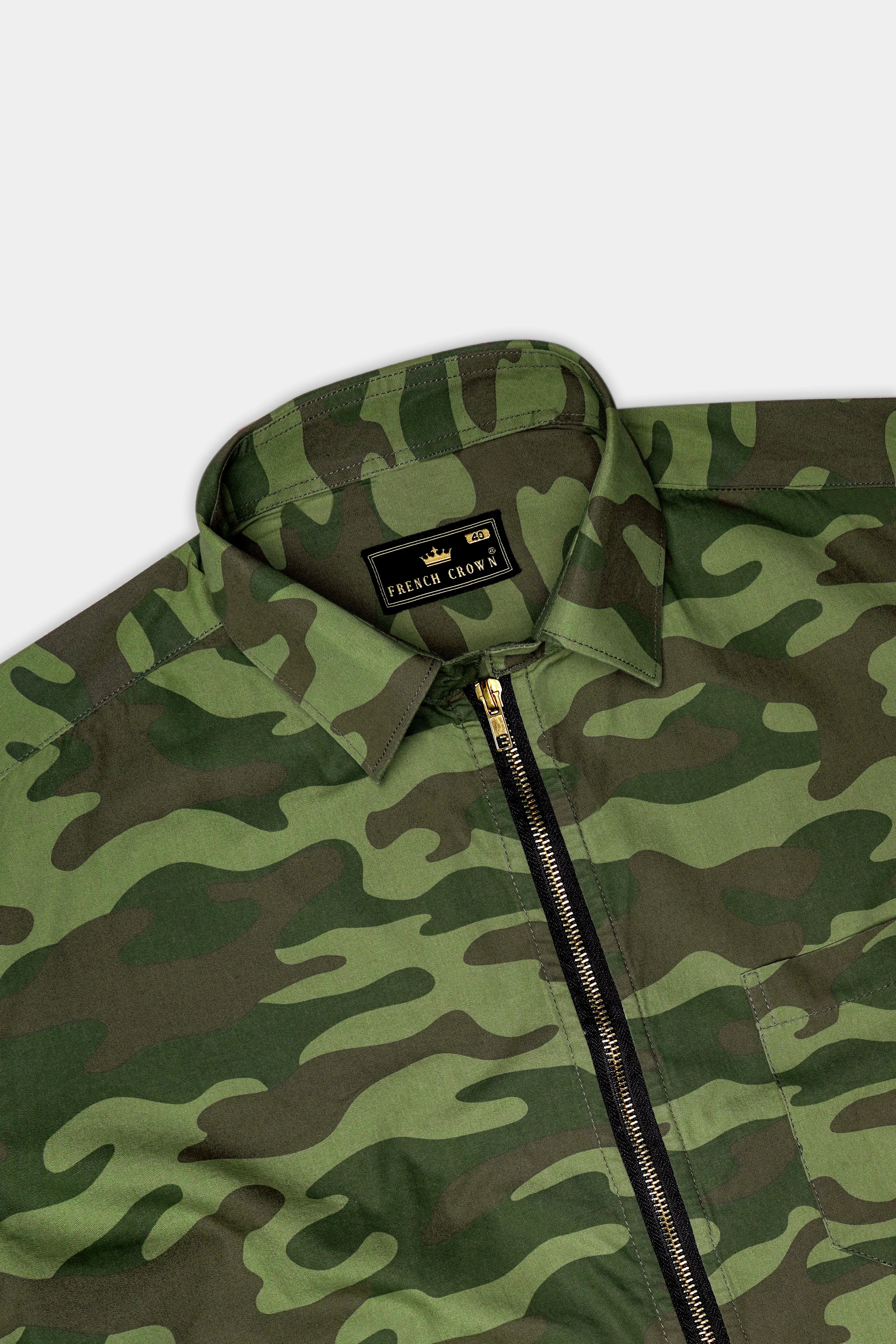 Mallard Green with Fuscous Brown Camouflage Printed Royal Oxford Designer zipper Jacket sold by French Crown product image thumbnail 5