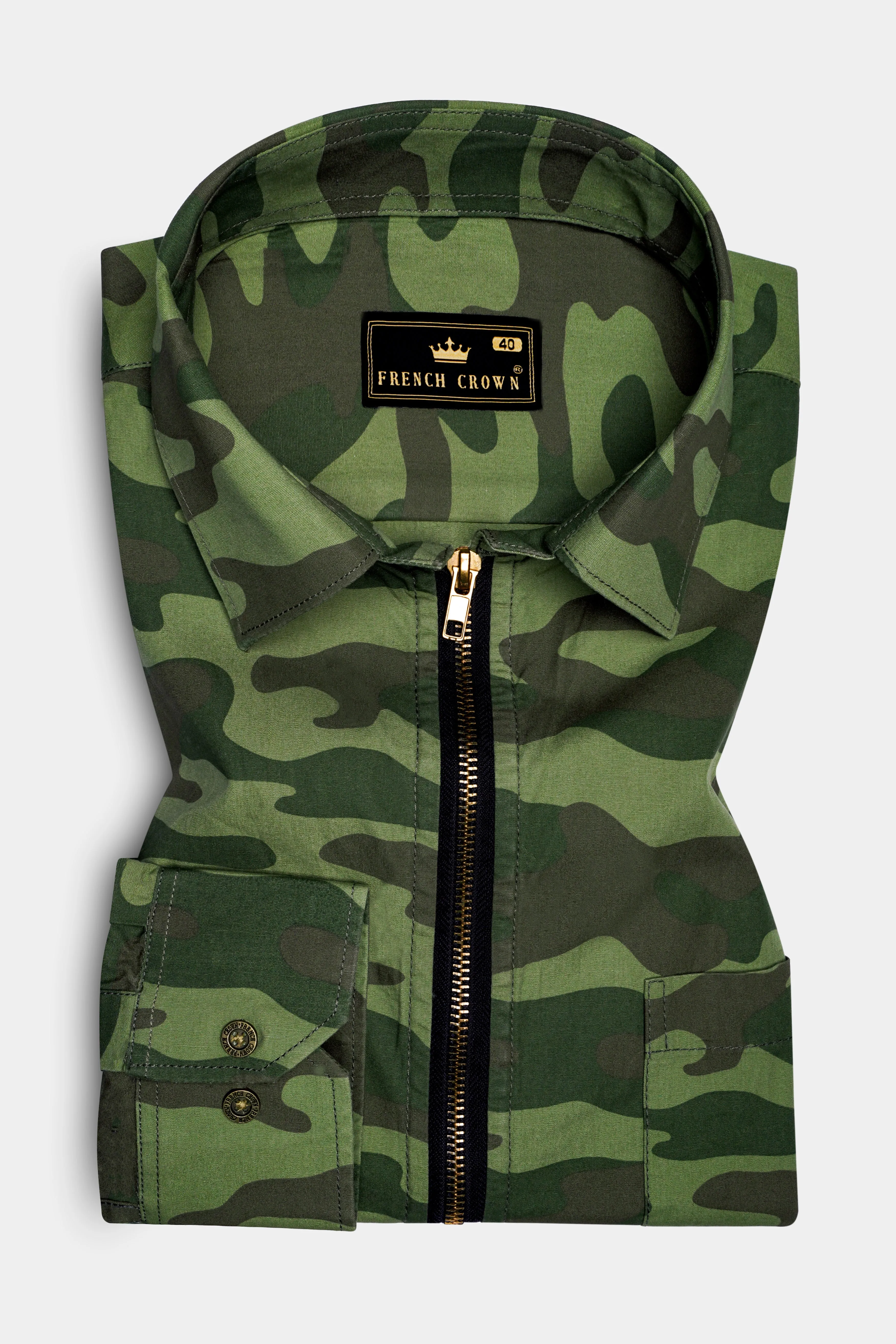 Mallard Green with Fuscous Brown Camouflage Printed Royal Oxford Designer zipper Jacket sold by French Crown product image thumbnail 2