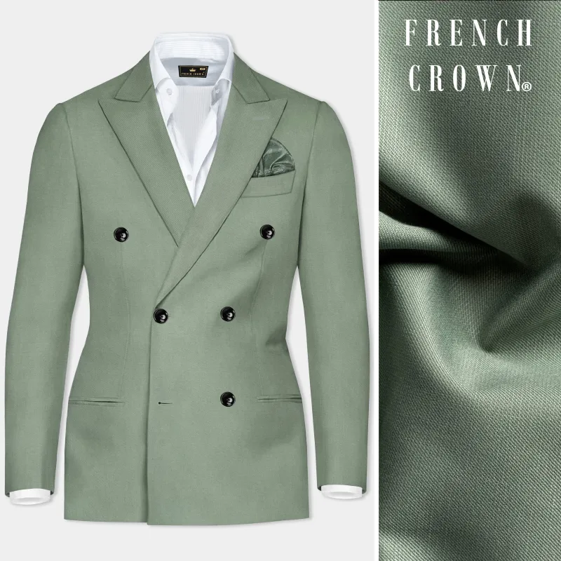 Spanish Green Solid Wool Rich Double Breasted Slight Stretch Blazer sold by French Crown