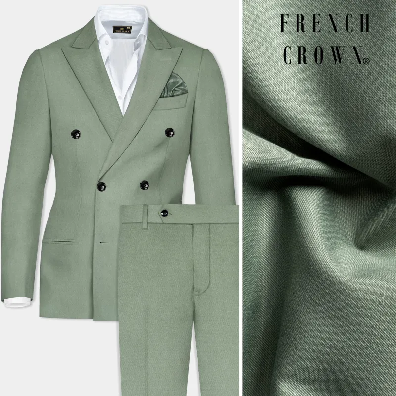 Spanish Green Solid Wool Rich Double Breasted Slight Stretch Suit made by French Crown