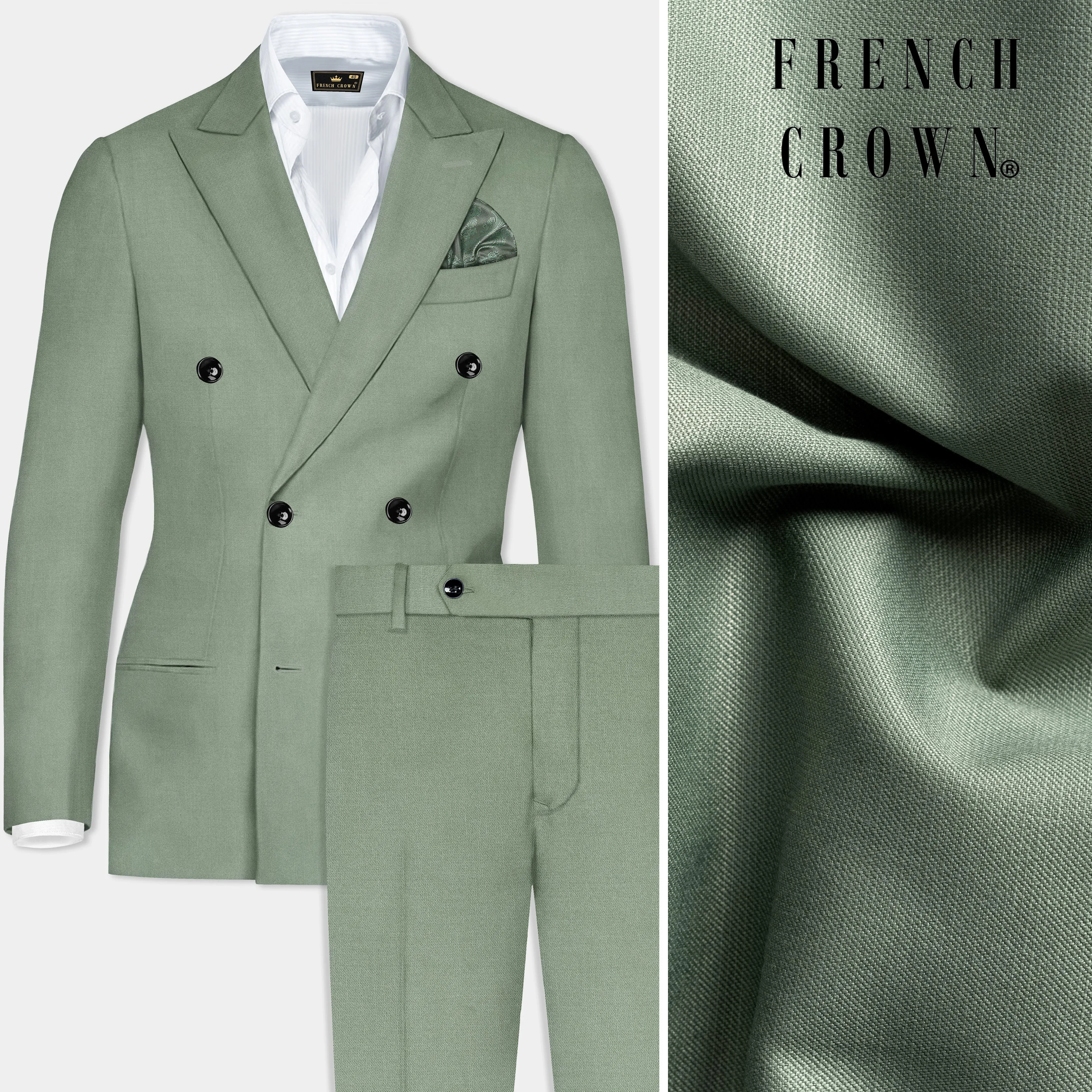 Spanish Green Solid Wool Rich Double Breasted Slight Stretch Suit sold by French Crown