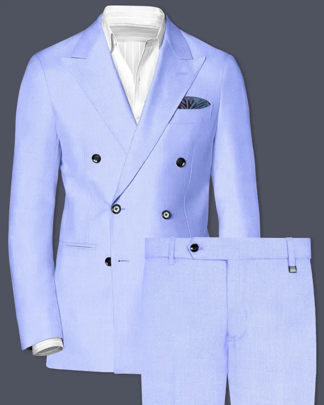 Periwinkle Blue Solid Wool Rich Double Breasted Slight Stretch Suit sold by French Crown