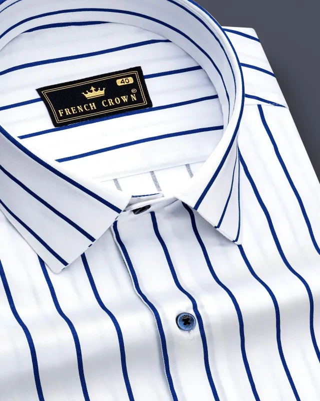 Lustrivon-Bright White And Downriver Blue Pin Striped Subtle Sheen Super Soft Premium Cotton Dress Shirt sold by French Crown