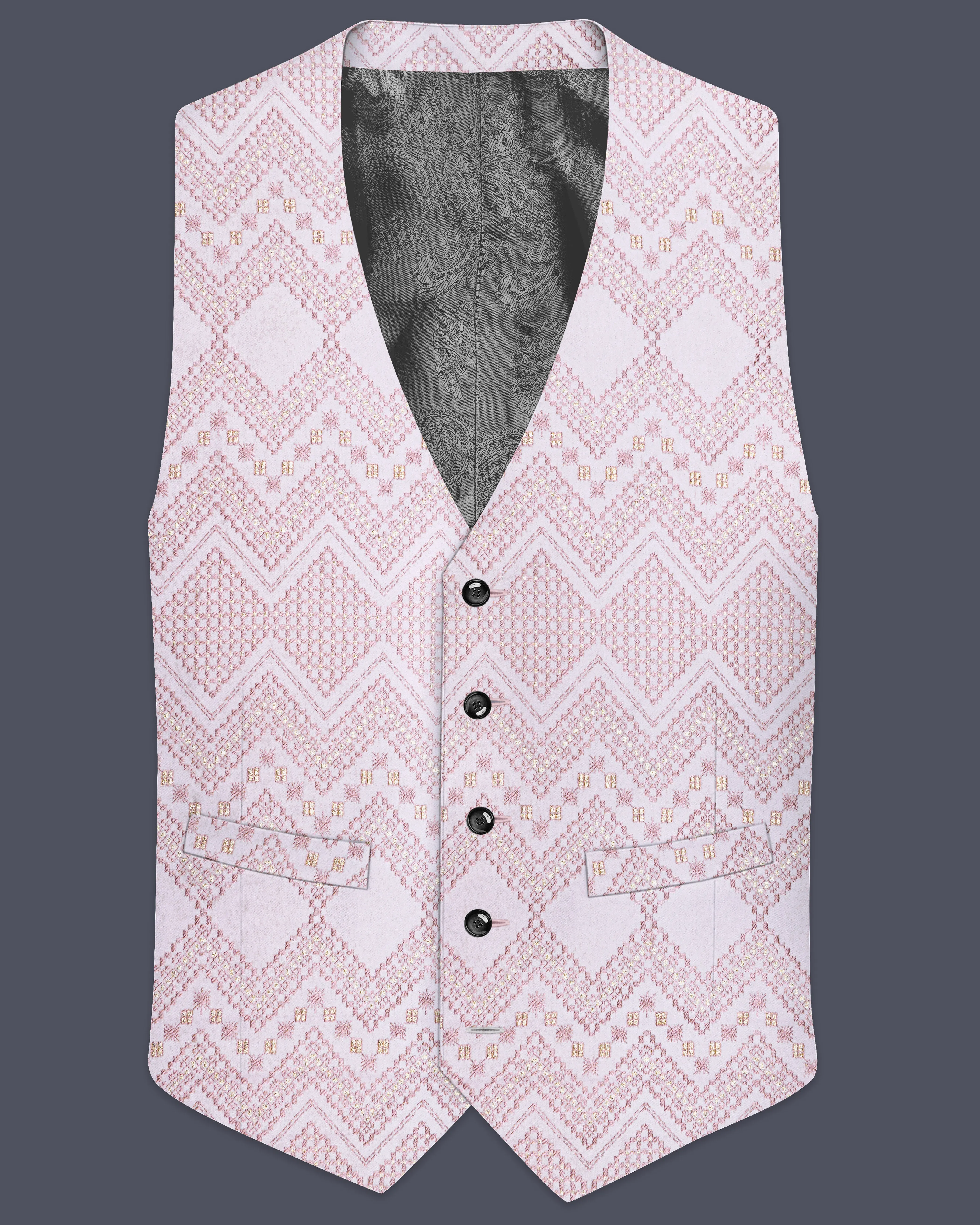 Florissa-Blossom Pink Chevron Sequin And Slik Thread Embroidered Waistcoat sold by French Crown