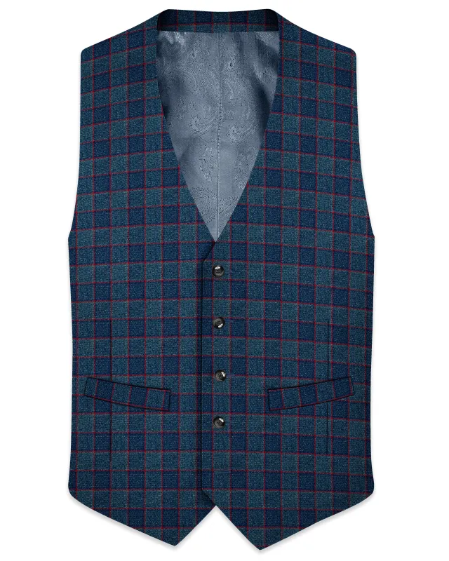 Panevoro-Vintage Blue Windowpane Premium Cotton Waistcoat made by French Crown