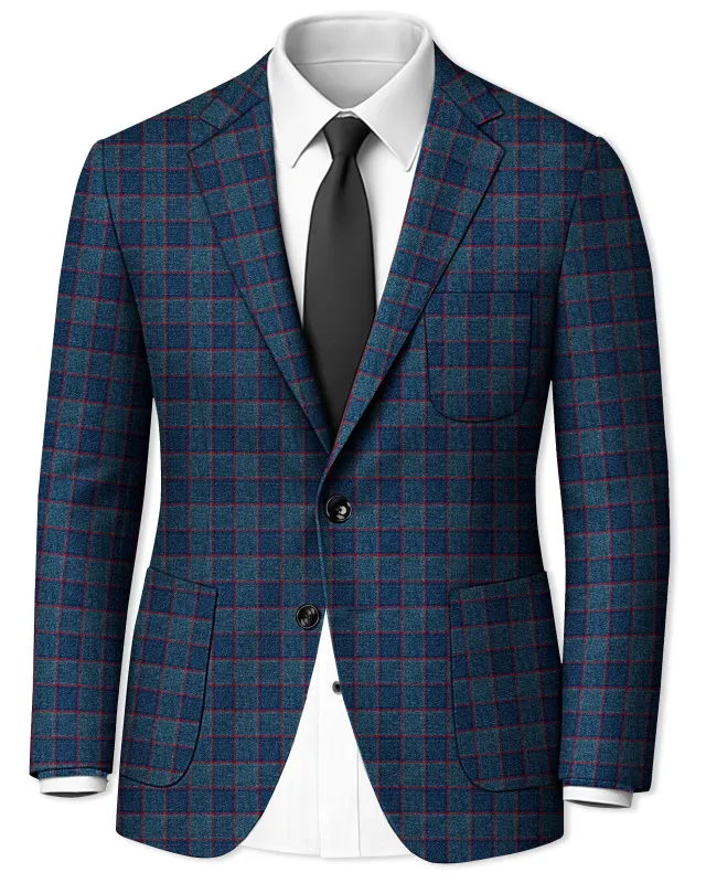 Panevoro-Vintage Blue Windowpane Premium Cotton Single Breasted Sports Blazer sold by French Crown