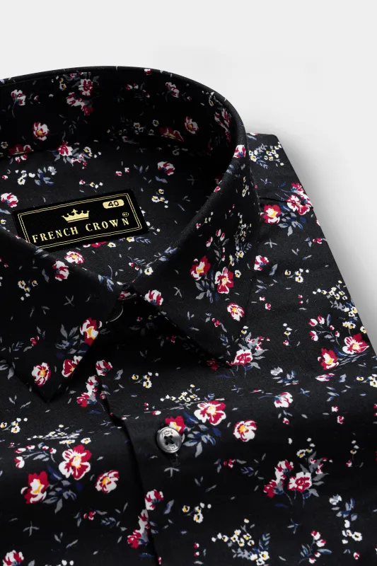 Jade Black Ditzy Floral Printed Twill Premium Cotton Shirt sold by French Crown