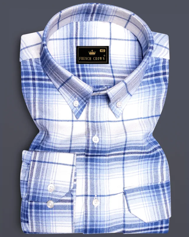 Off White and Azure Blue Plaid Twill Premium Cotton Designer Shirt sold by French Crown