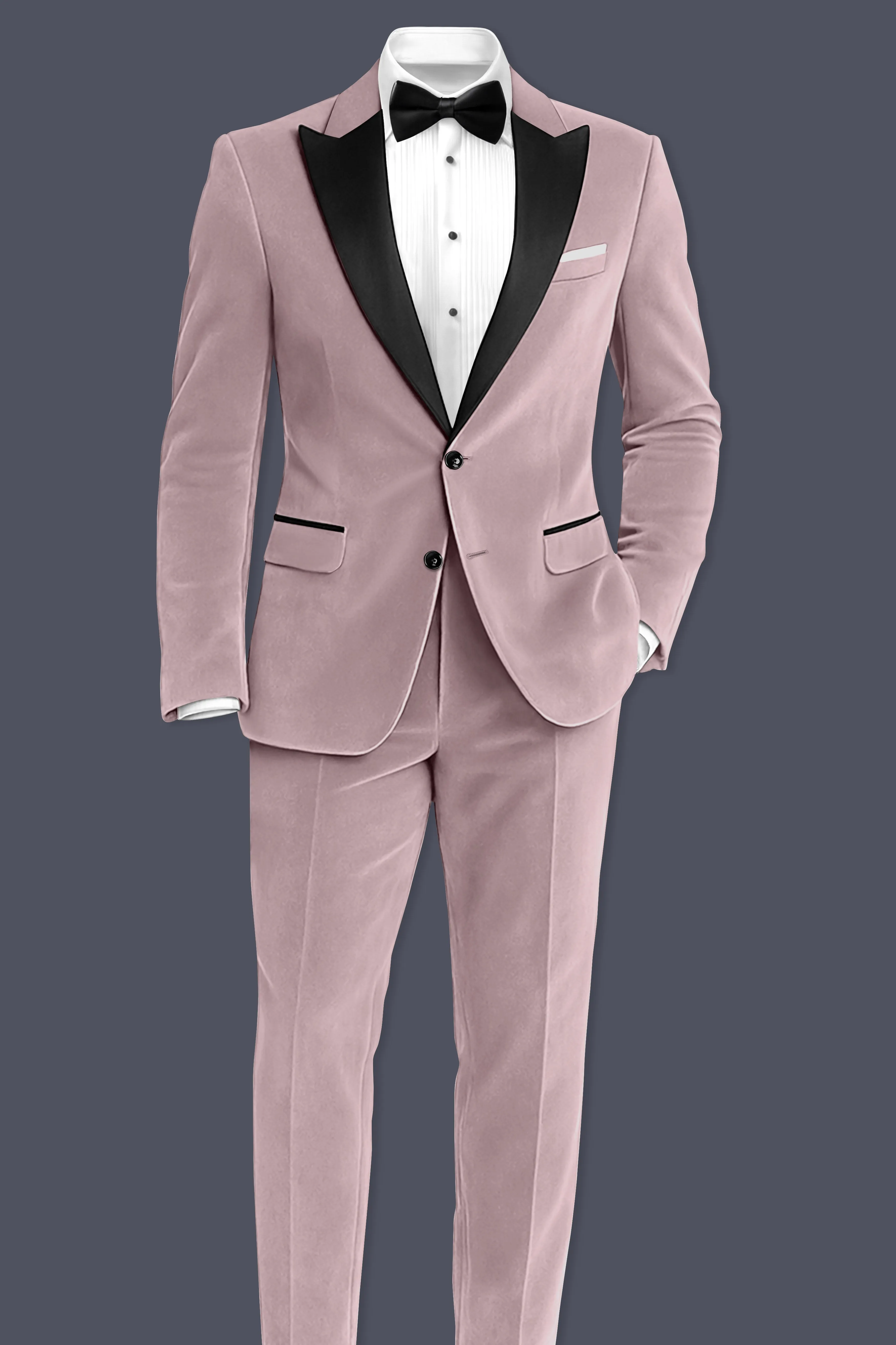Rosvoro-Calming Pink Velvet Peak Lapel Tuxedo Suit sold by French Crown product image thumbnail 4