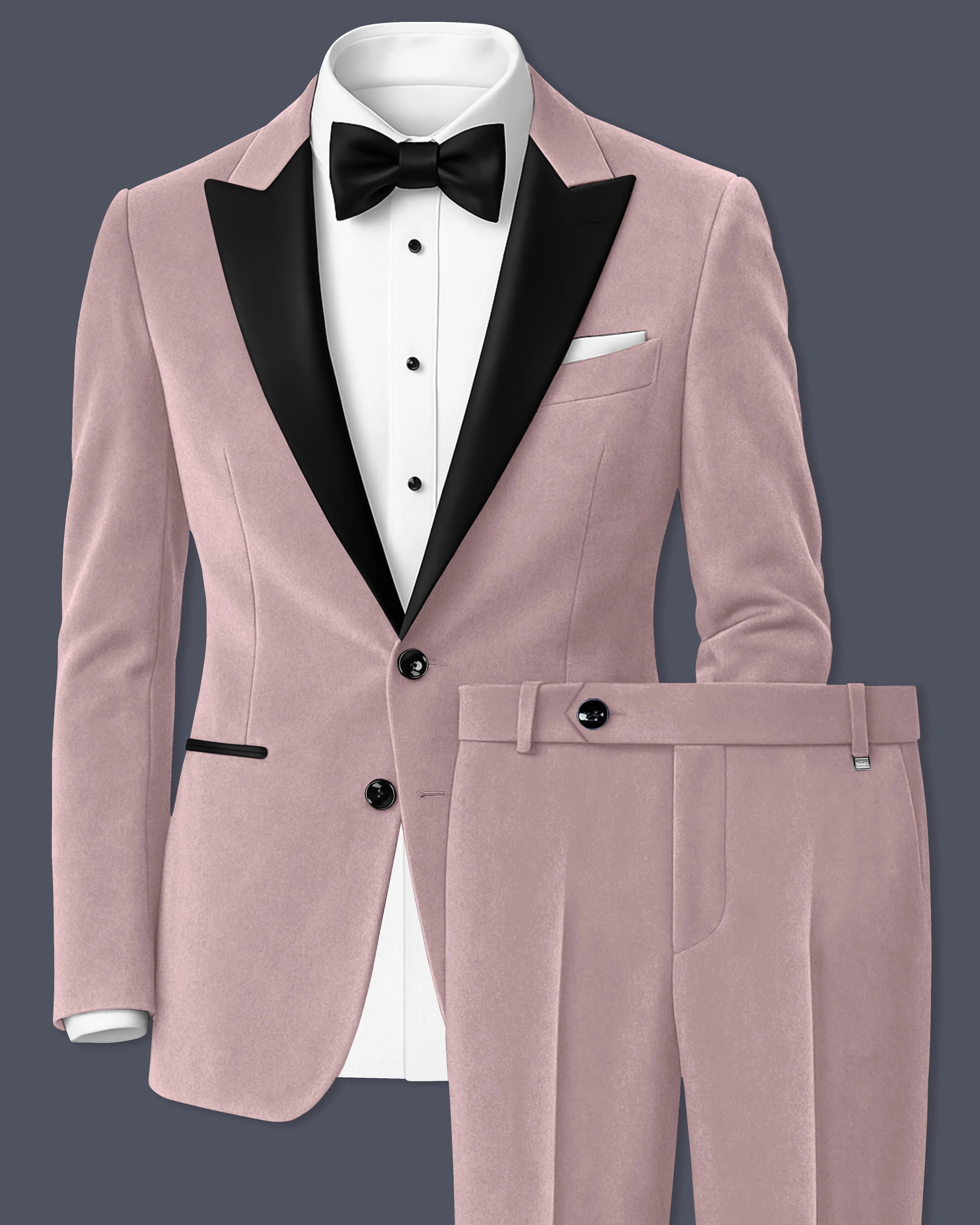 Rosvoro-Calming Pink Velvet Peak Lapel Tuxedo Suit sold by French Crown