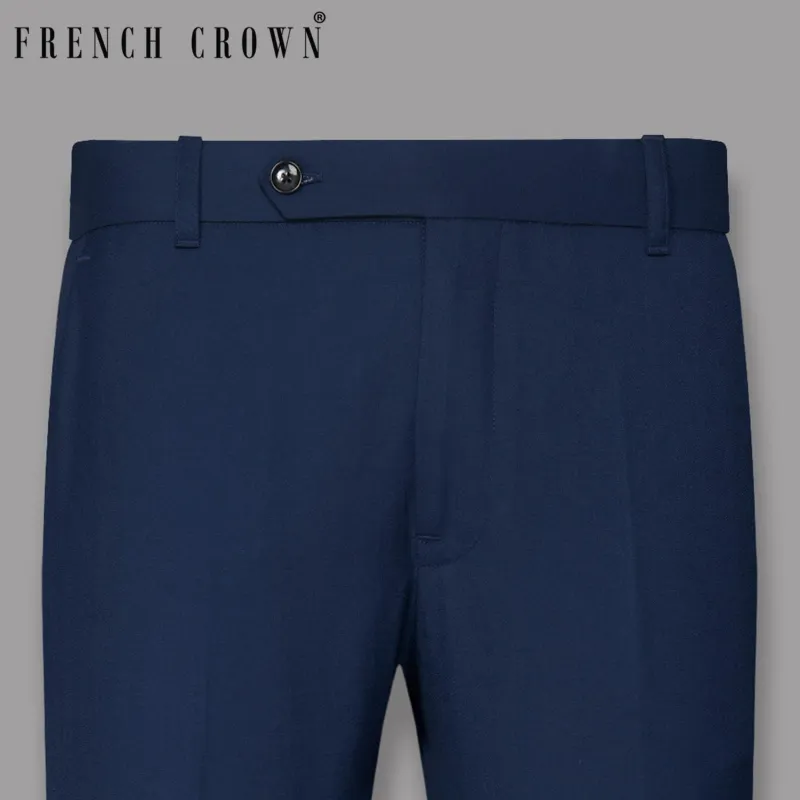 Navy Subtle Checked Wool-Silk Blend Pant sold by French Crown