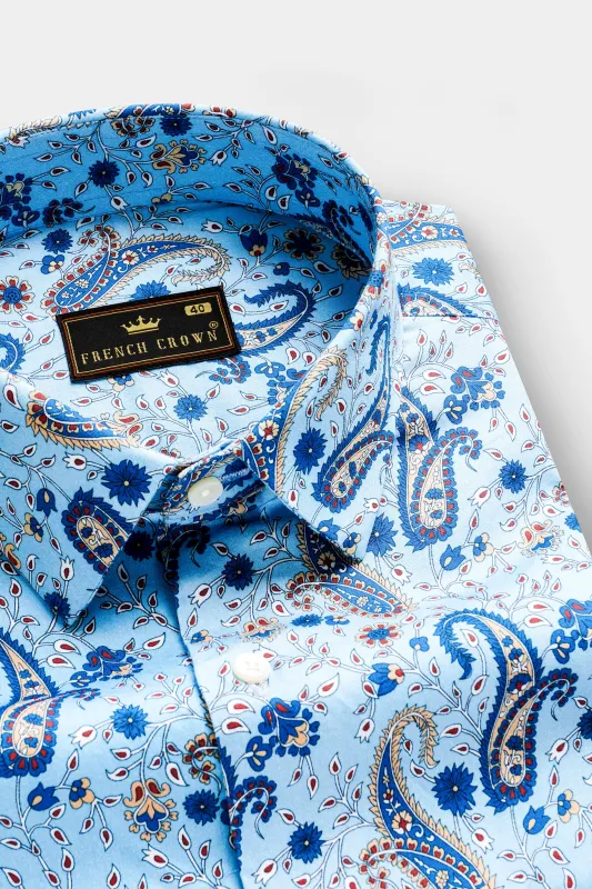 Glacier Blue Paisleys Printed Subtle Sheen Super Soft Premium Cotton Shirt sold by French Crown