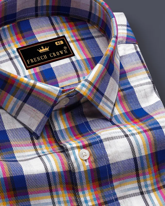 Fawn White with Azure Blue Twill Plaid Premium Cotton Shirt sold by French Crown