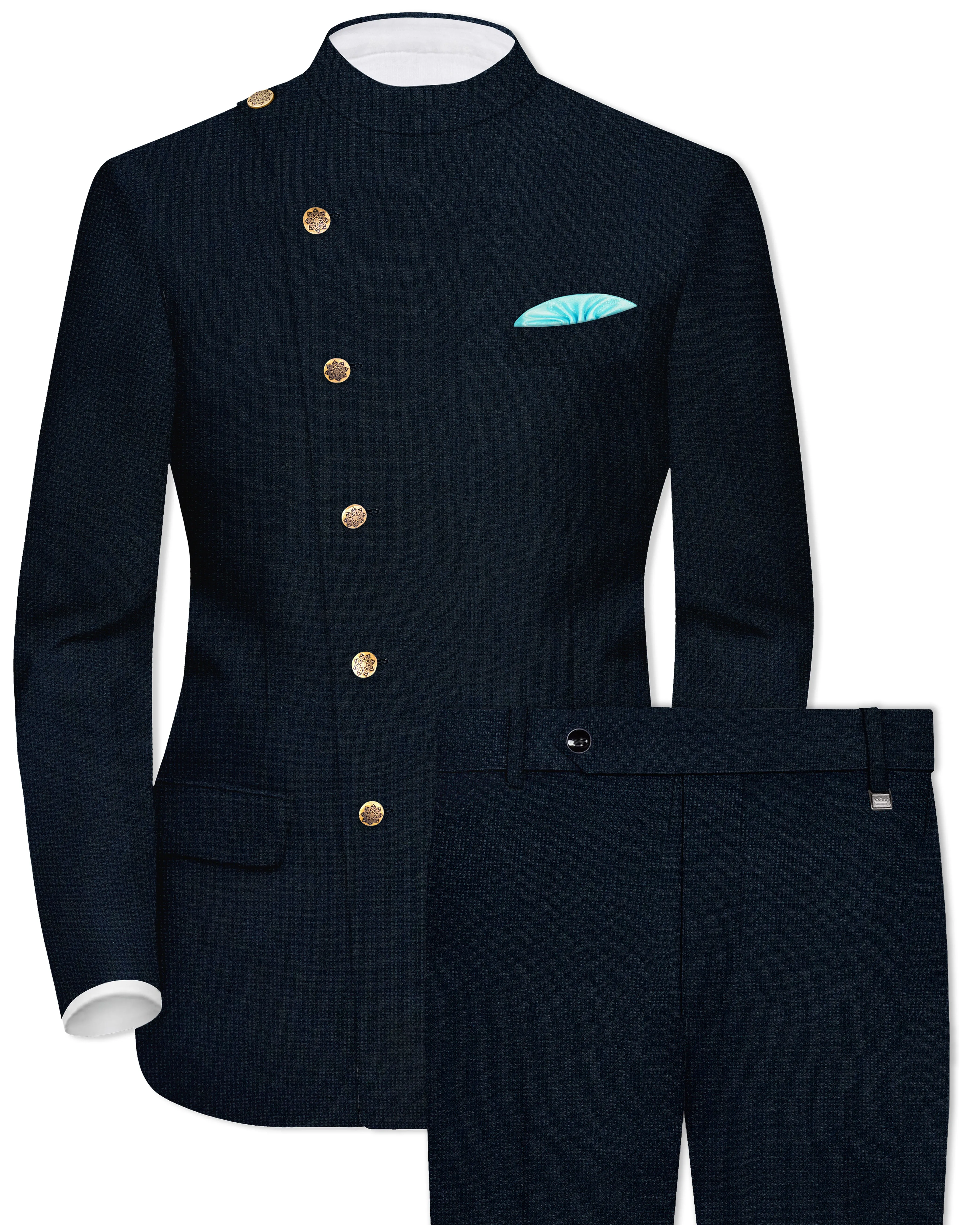 Firefly Blue Premium Cotton Cross Placket Bandhgala Suit sold by French Crown