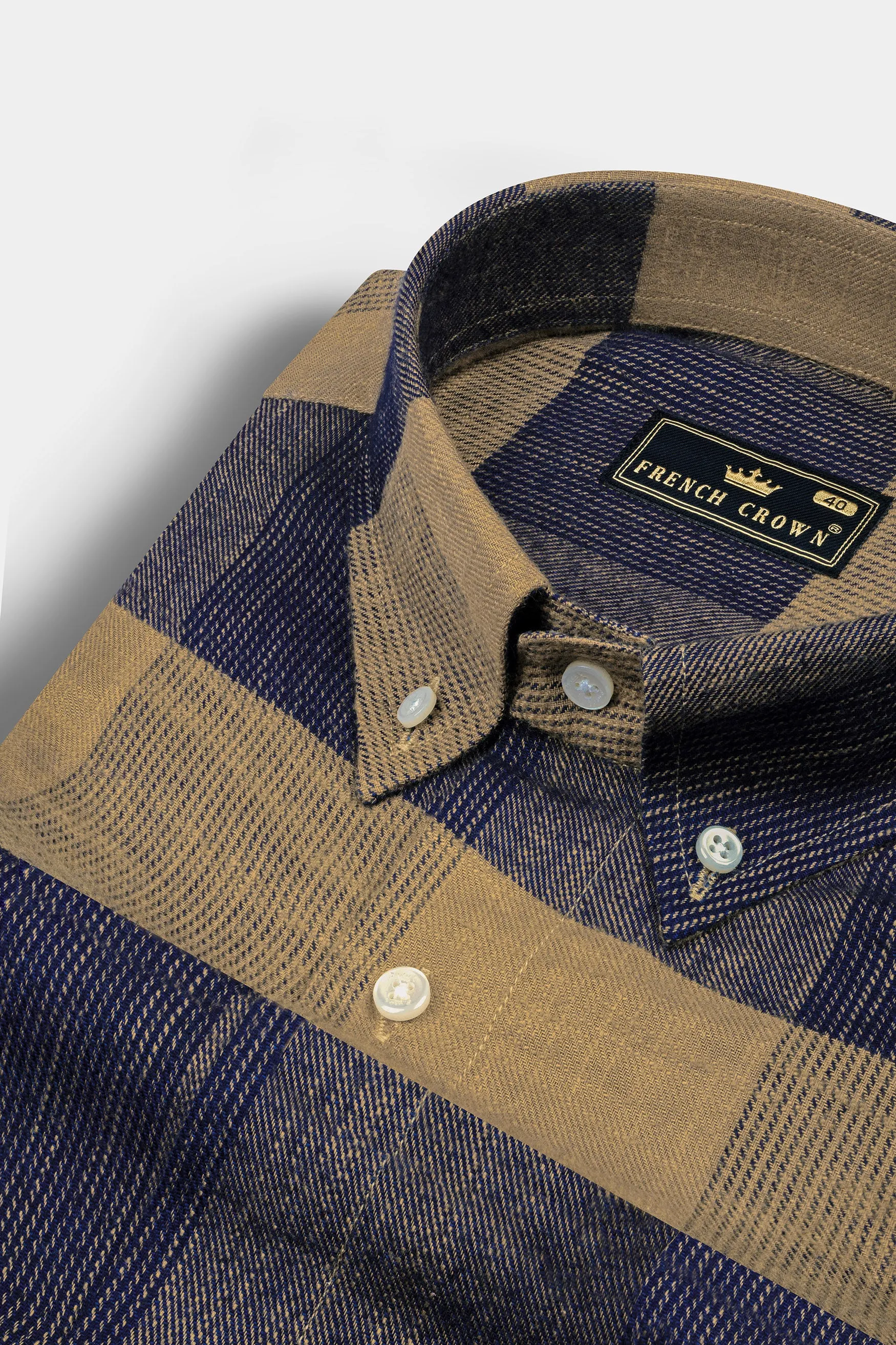 Mirage Blue and Mocha Brown Plaid Chambray Premium Giza Cotton Shirt sold by French Crown