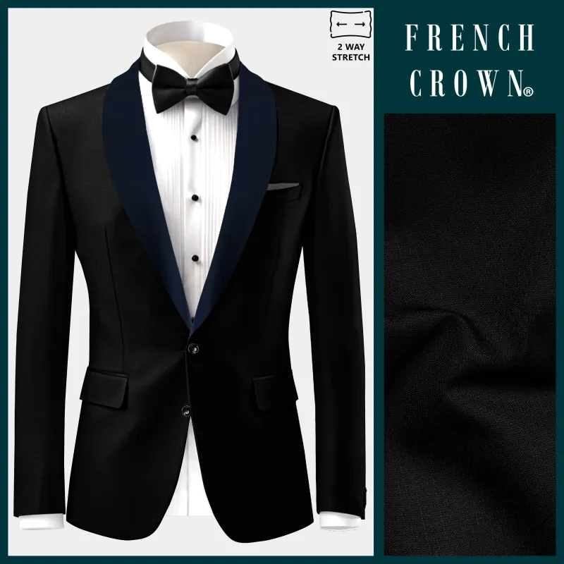 Jade Black Stretchable Subtle Sheen with Blue lapel Tuxedo Blazer sold by French Crown