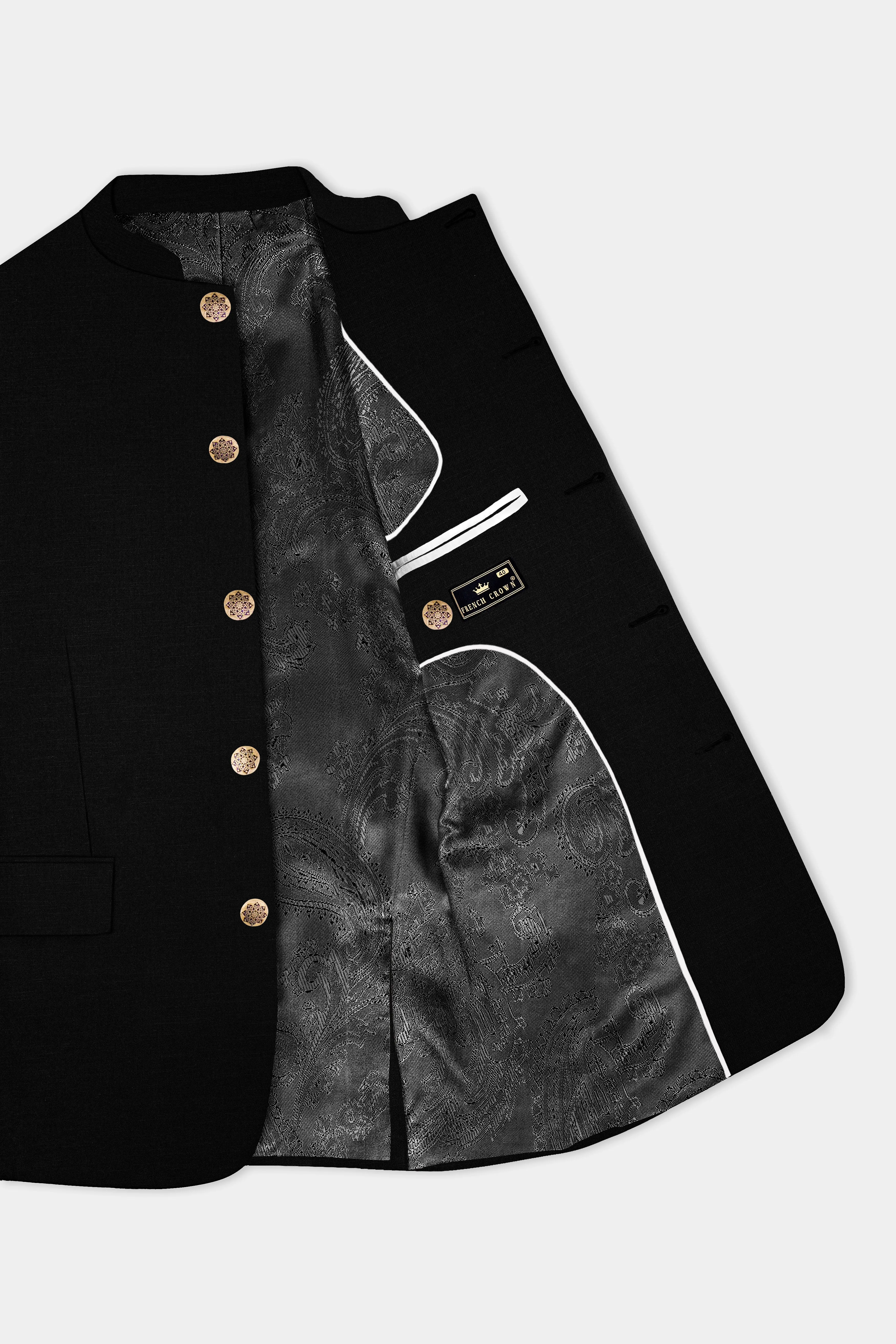 Jade Black Stretchable Subtle Sheen Bandhgala/Mandarin Wool blend Suit sold by French Crown product image thumbnail 5