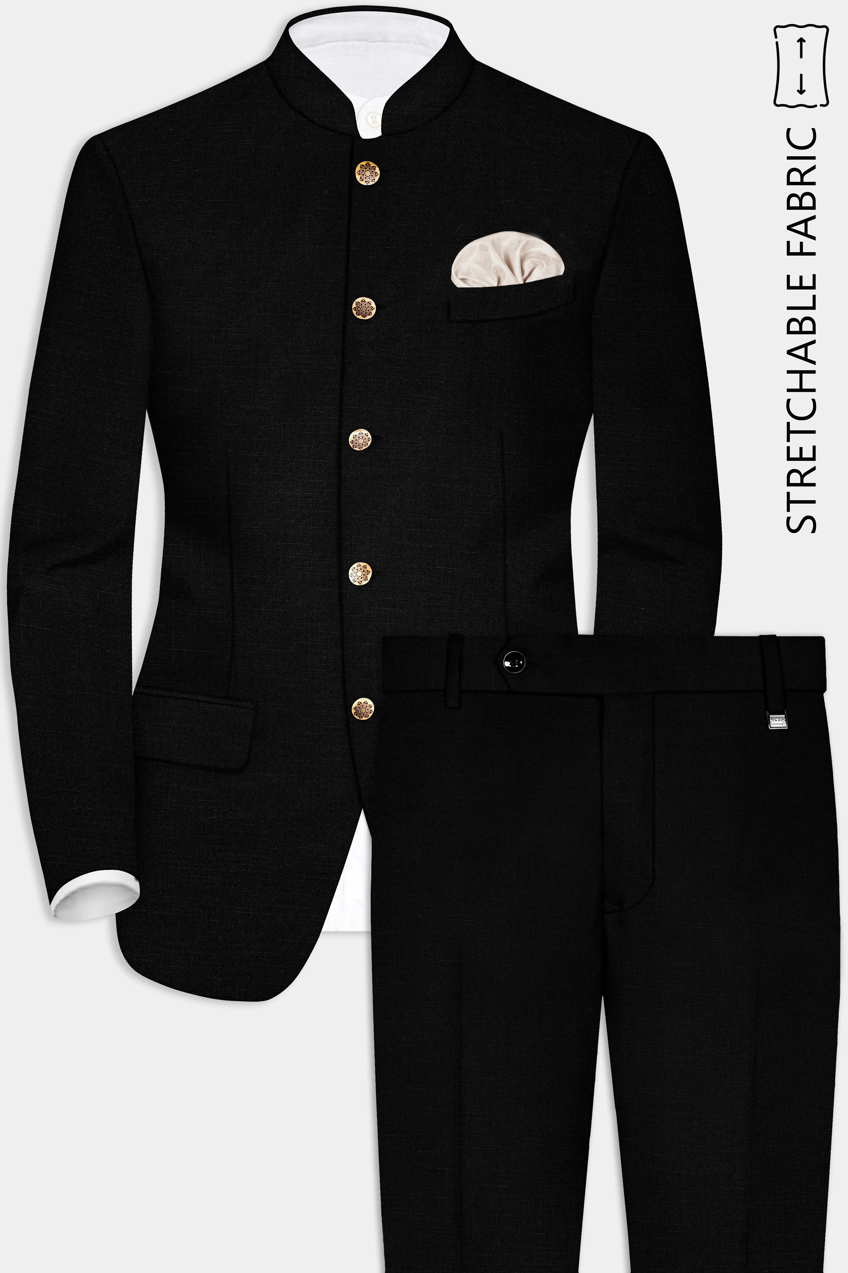 Jade Black Stretchable Subtle Sheen Bandhgala/Mandarin Wool blend Suit sold by French Crown product image thumbnail 2