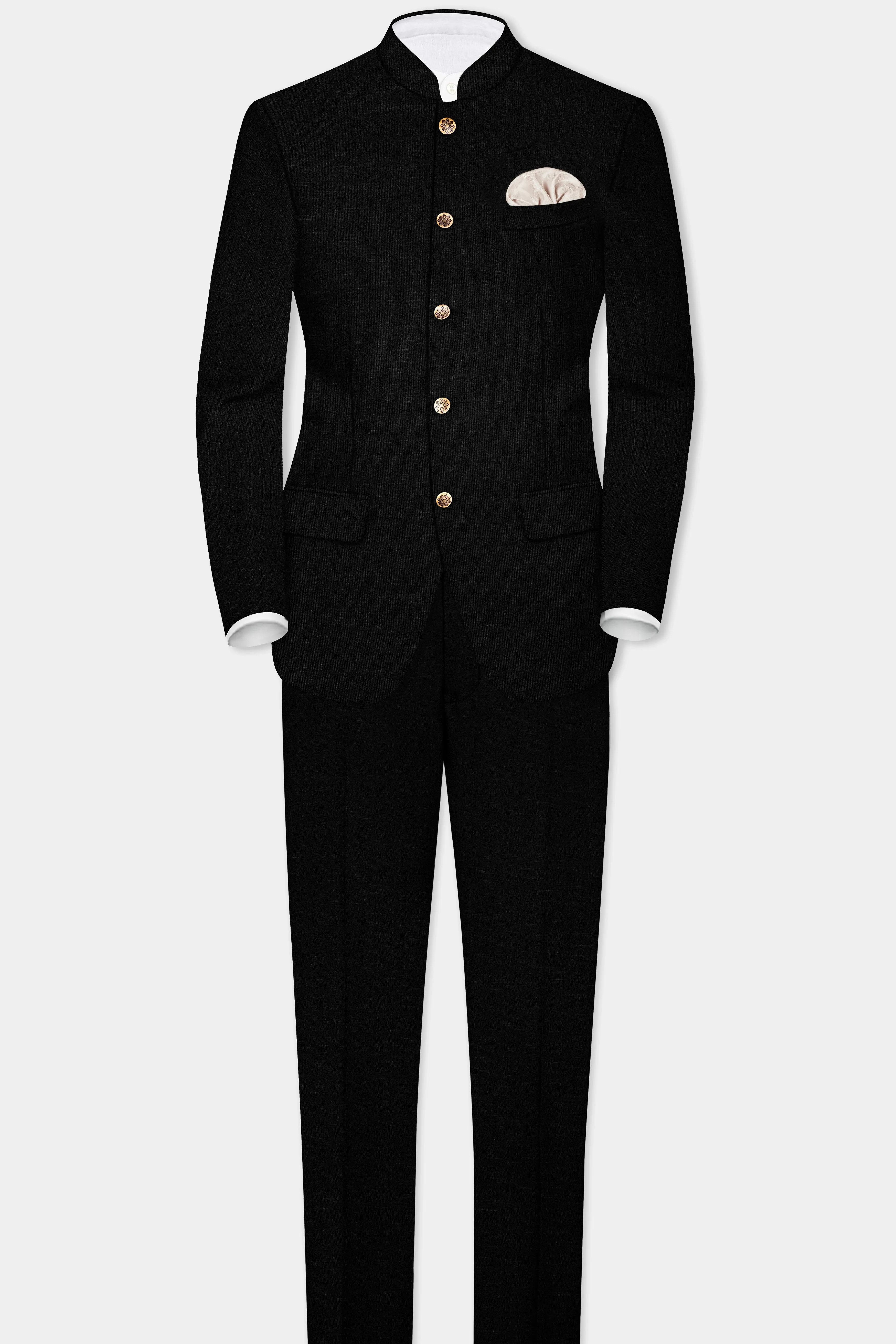 Jade Black Stretchable Subtle Sheen Bandhgala/Mandarin Wool blend Suit sold by French Crown product image thumbnail 4