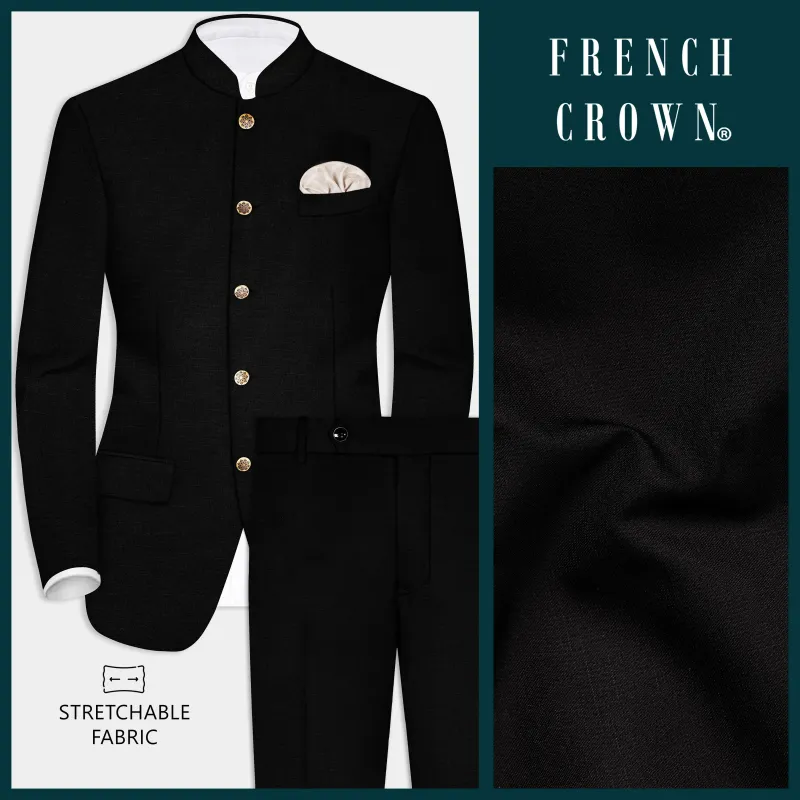 Jade Black Stretchable Subtle Sheen Bandhgala/Mandarin Wool blend Suit made by French Crown