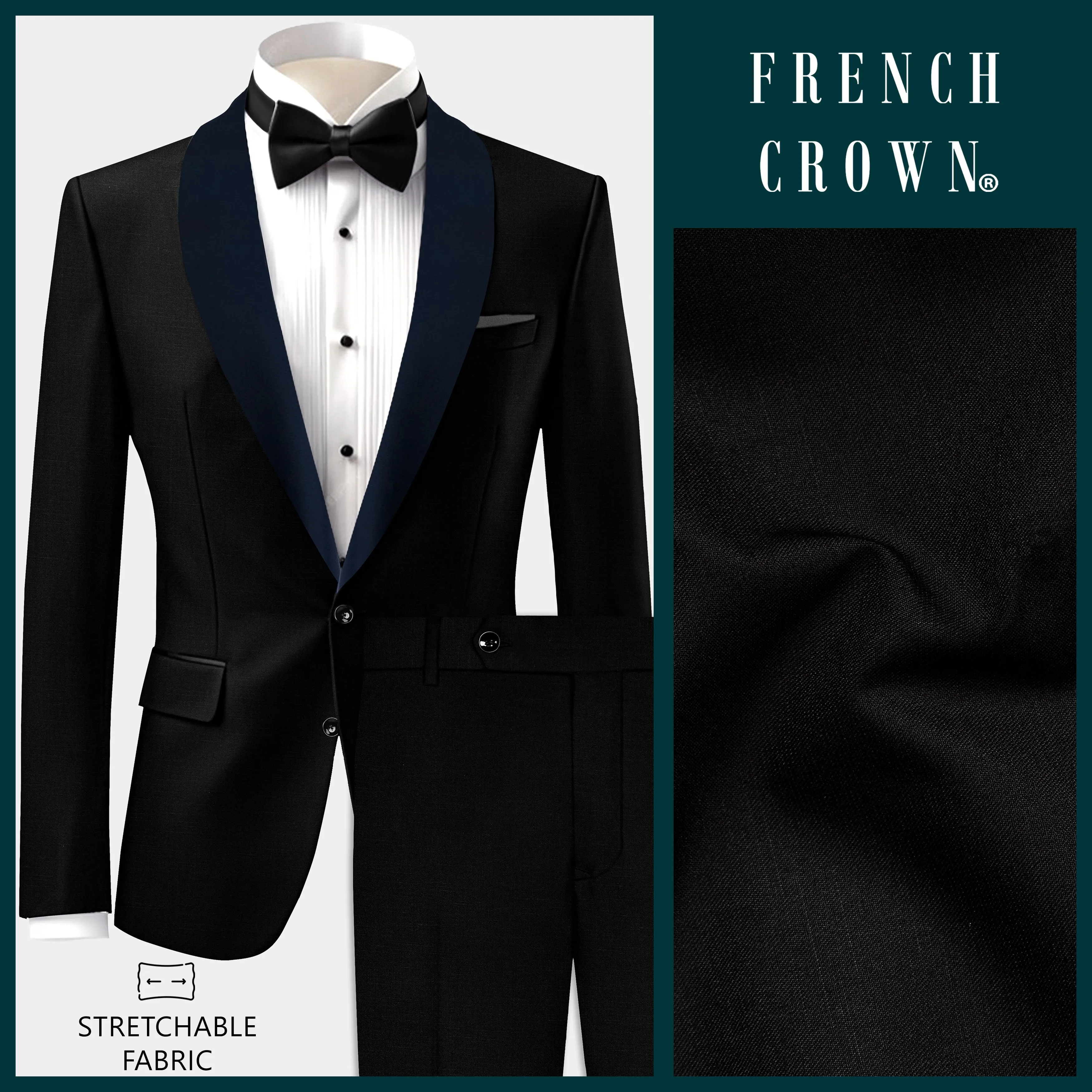Jade Black Stretchable Subtle Sheen with Blue lapel Tuxedo Suit sold by French Crown