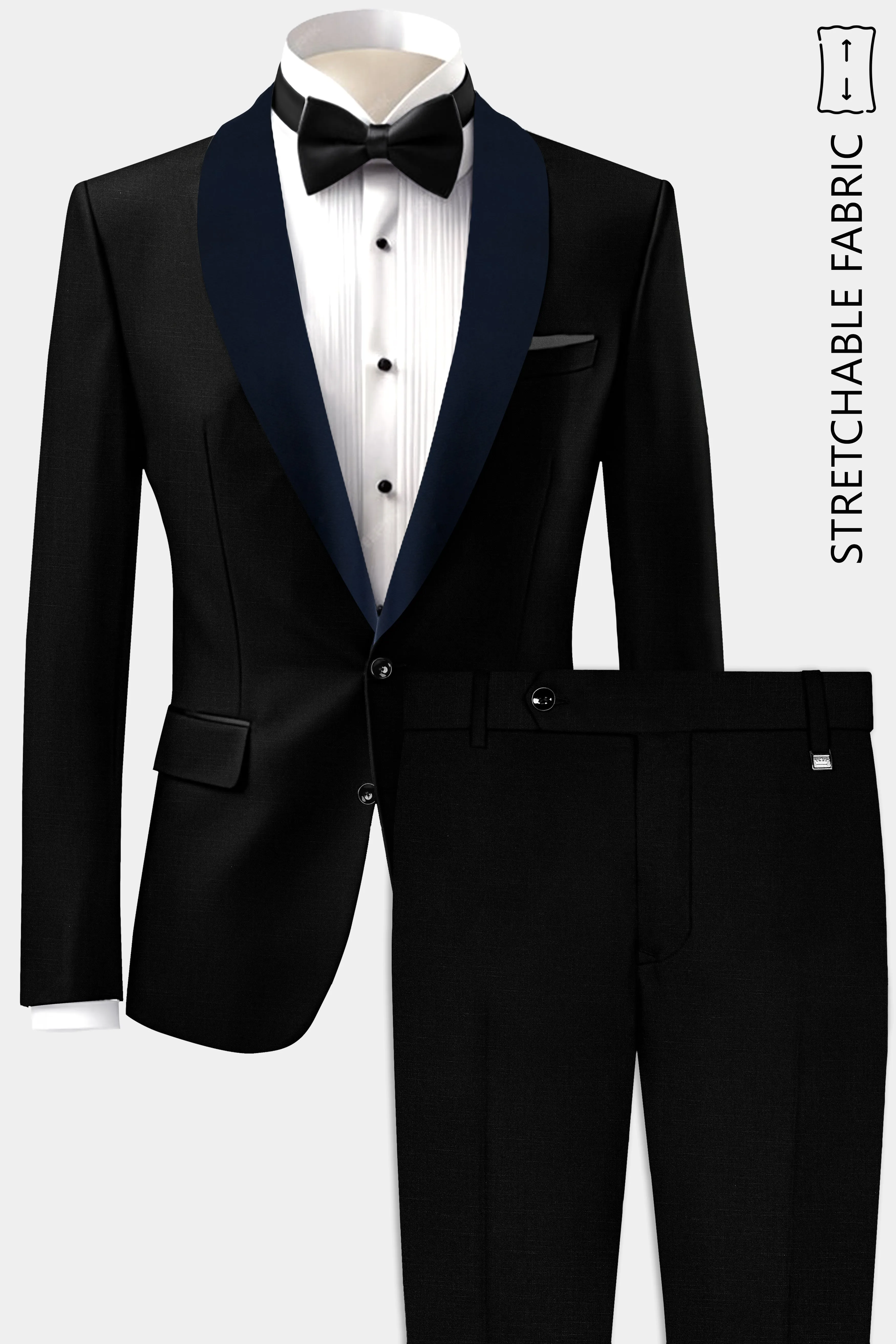 Jade Black Stretchable Subtle Sheen with Blue lapel Tuxedo Suit sold by French Crown product image thumbnail 2