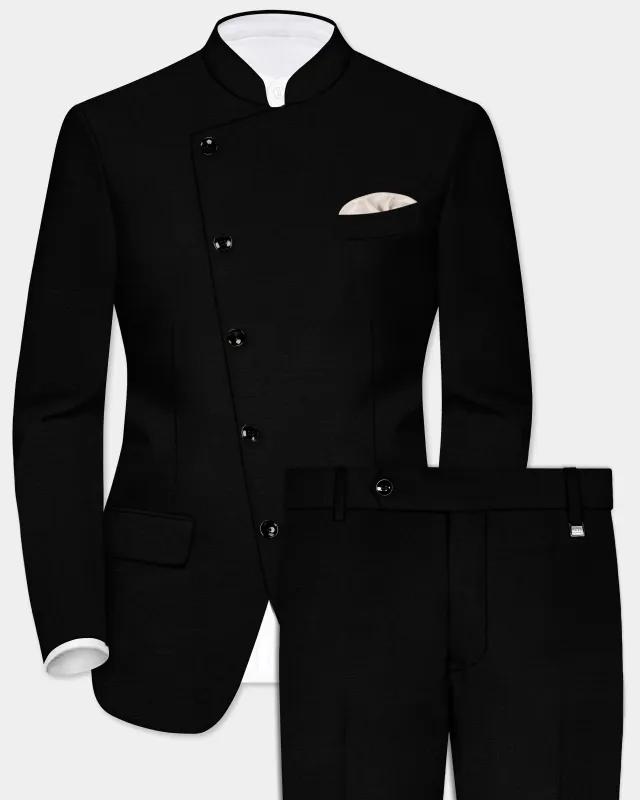 Jade Black Solid Wool Rich Cross Placket Bandhgala Stretchable traveler Suit sold by French Crown