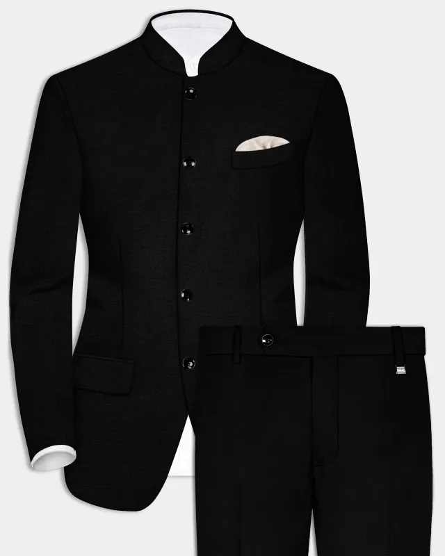 Jade Black Solid Wool Rich Bandhgala Stretchable traveler Suit sold by French Crown
