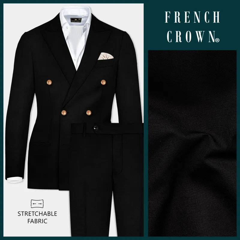 Jade Black Stretchable Subtle Sheen Golden Buttons Double Breasted Wool Rich Suit sold by French Crown