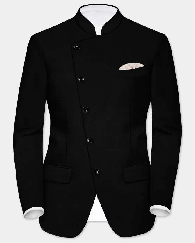 Jade Black Solid Wool Rich Cross Placket Bandhgala Stretchable traveler Blazer sold by French Crown