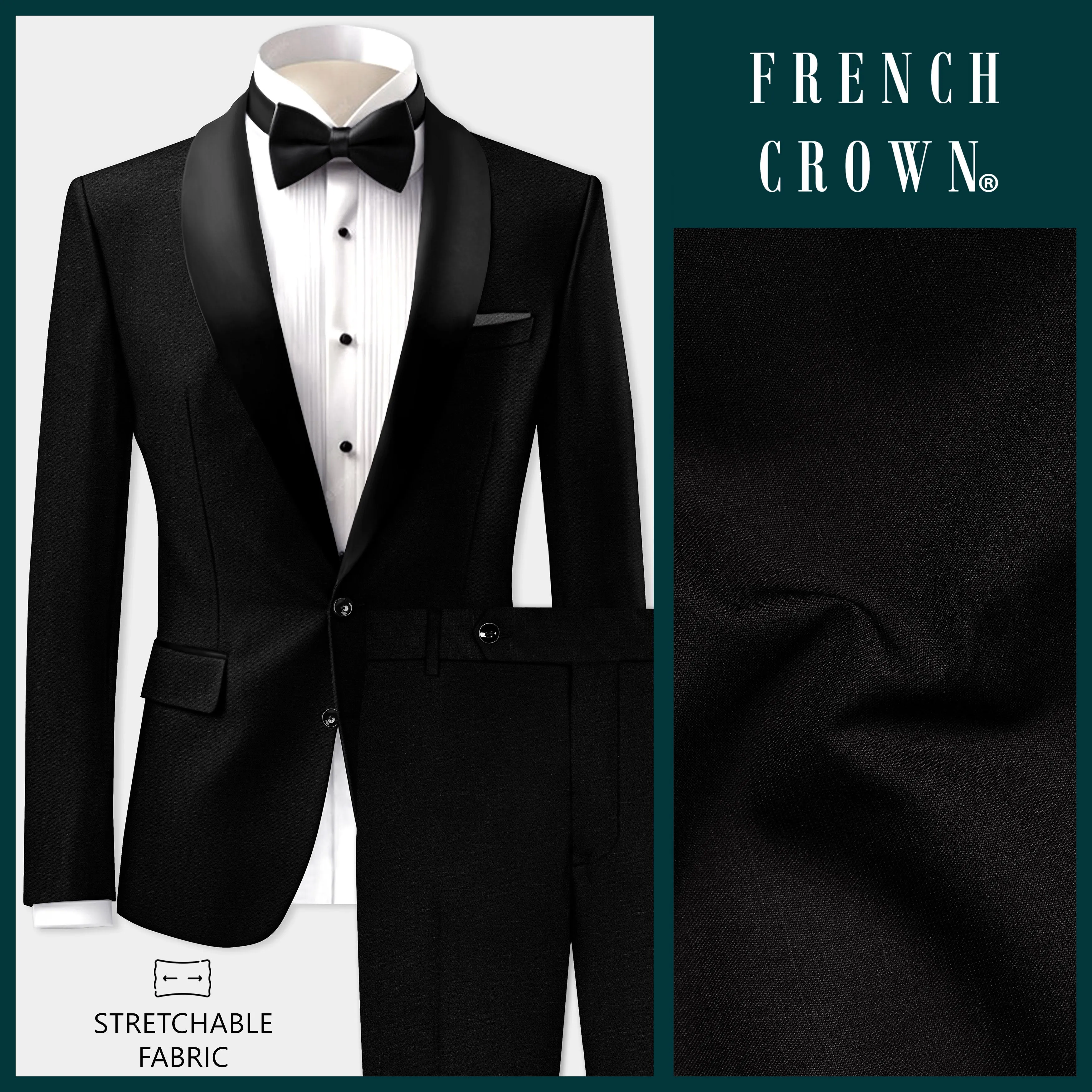 Jade Black Stretchable Subtle Sheen Tuxedo Suit sold by French Crown