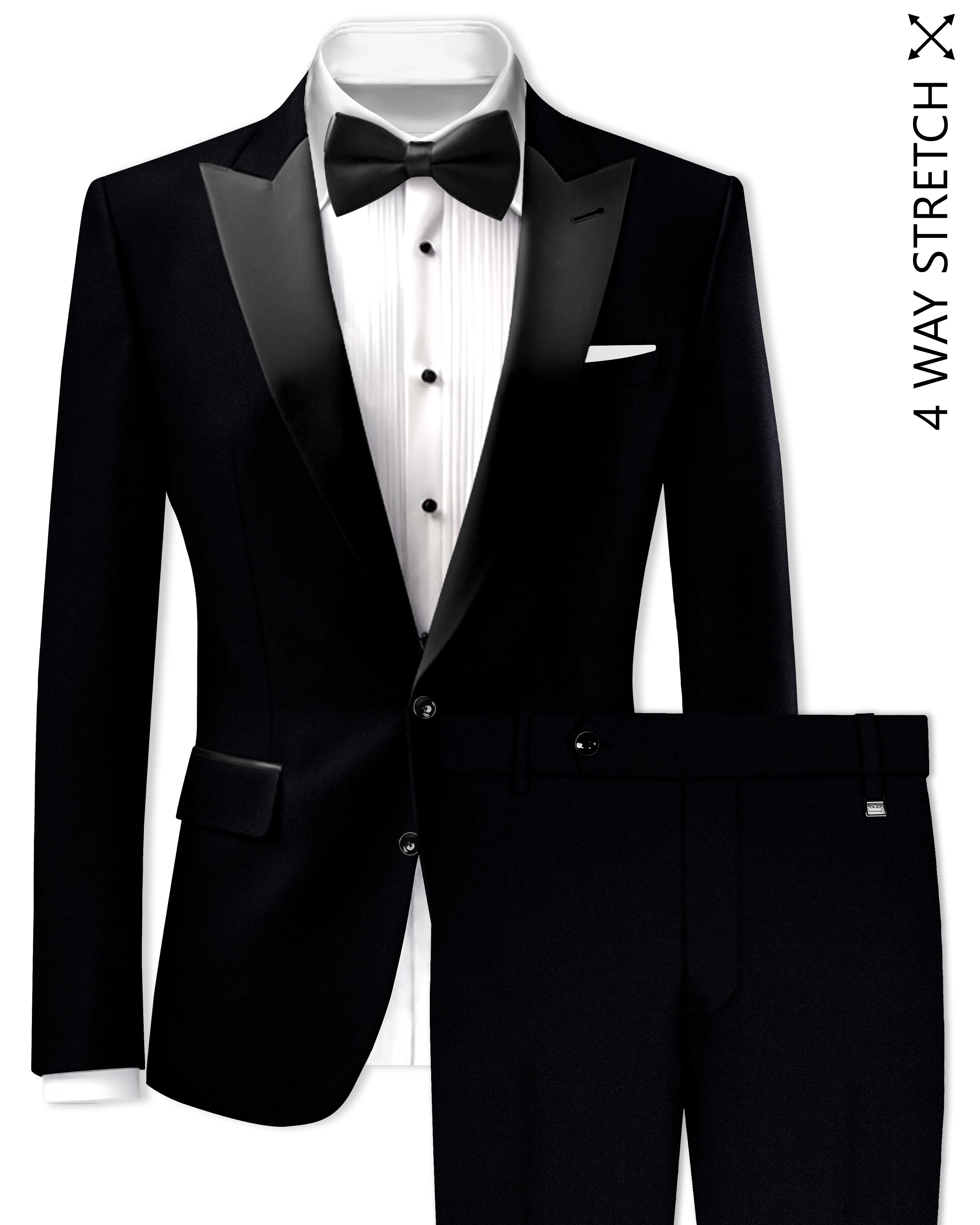 Noirex-Korean Black (The Best Black We Have) Wool Rich Peak Lapel Tuxedo Slight Stretch Suit sold by French Crown