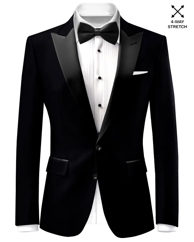 Noirex-Korean Black (The Best Black We Have) Wool Rich Peak Lapel Tuxedo Slight Stretch Blazer sold by French Crown